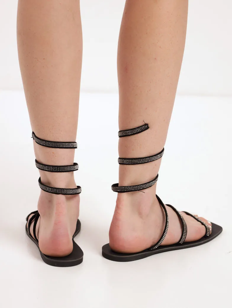 Diamante Mule Sandal With Ankle Spring - Black