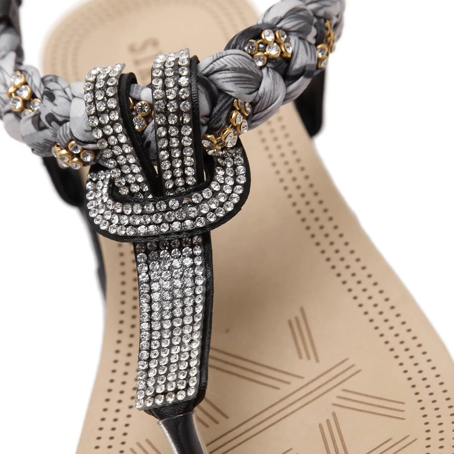 DolphinGirl Women Summer Glitter T-Strap Sandals Prime Rhinestones Floral Thong Shoes