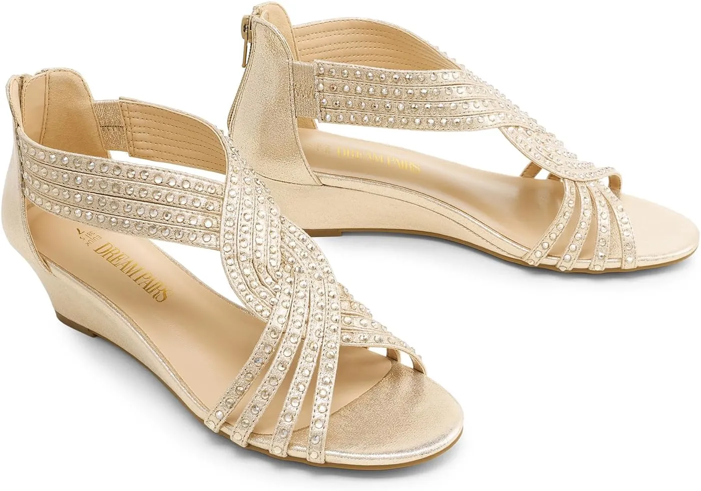 DREAM PAIRS Women's Open Toe Low Wedges Sandals Sparkly Rhinestone Strappy Zipper Weeding Dressy Elegant Summer Shoes for Lady