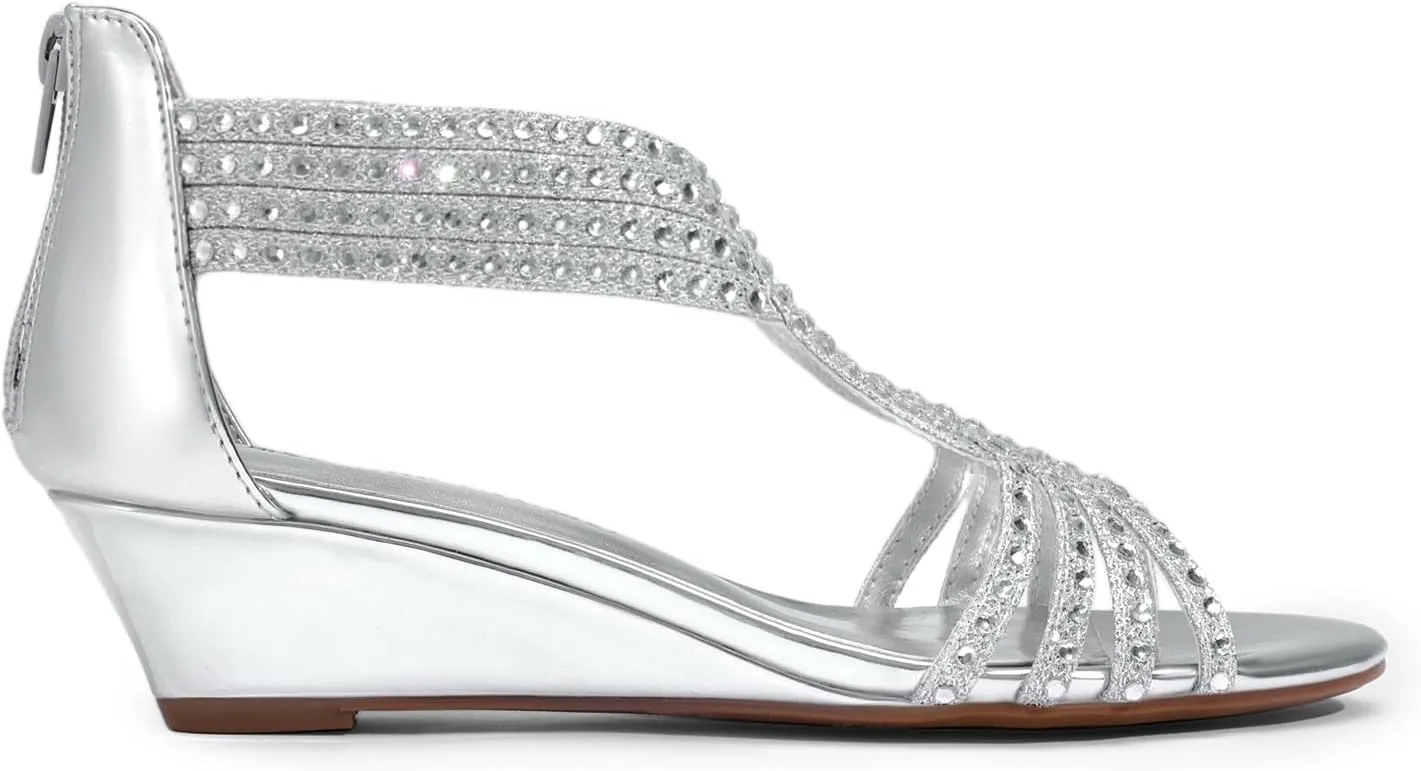 DREAM PAIRS Women's Open Toe Low Wedges Sandals Sparkly Rhinestone Strappy Zipper Weeding Dressy Elegant Summer Shoes for Lady