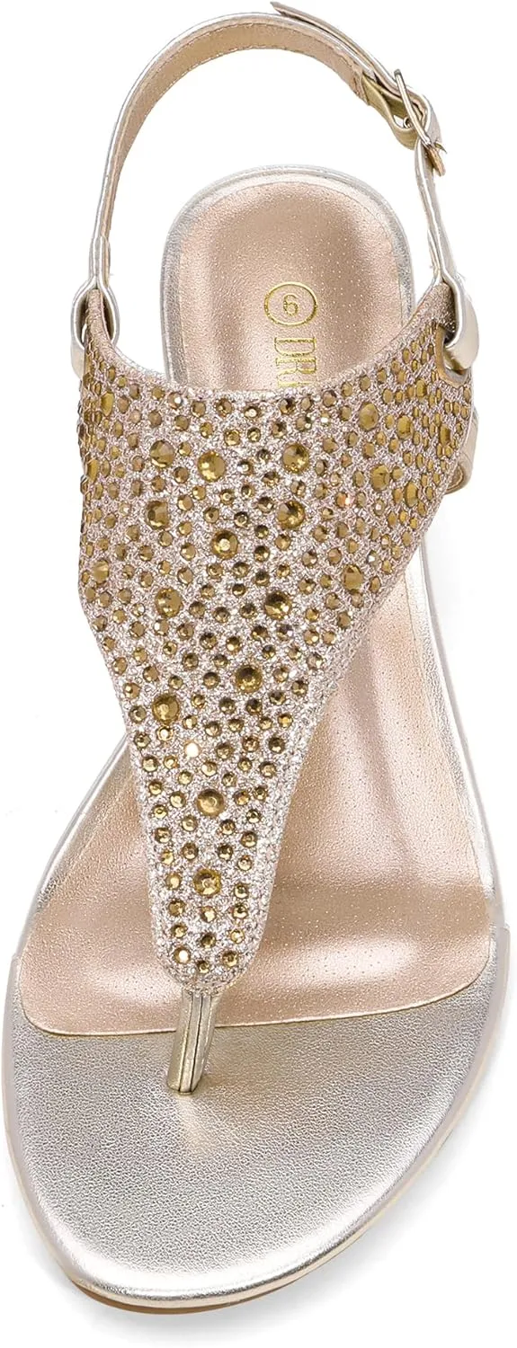 DREAM PAIRS Women's Wedge Thong Sandals, Summer Rhinestone Dress Shoes for Wedding