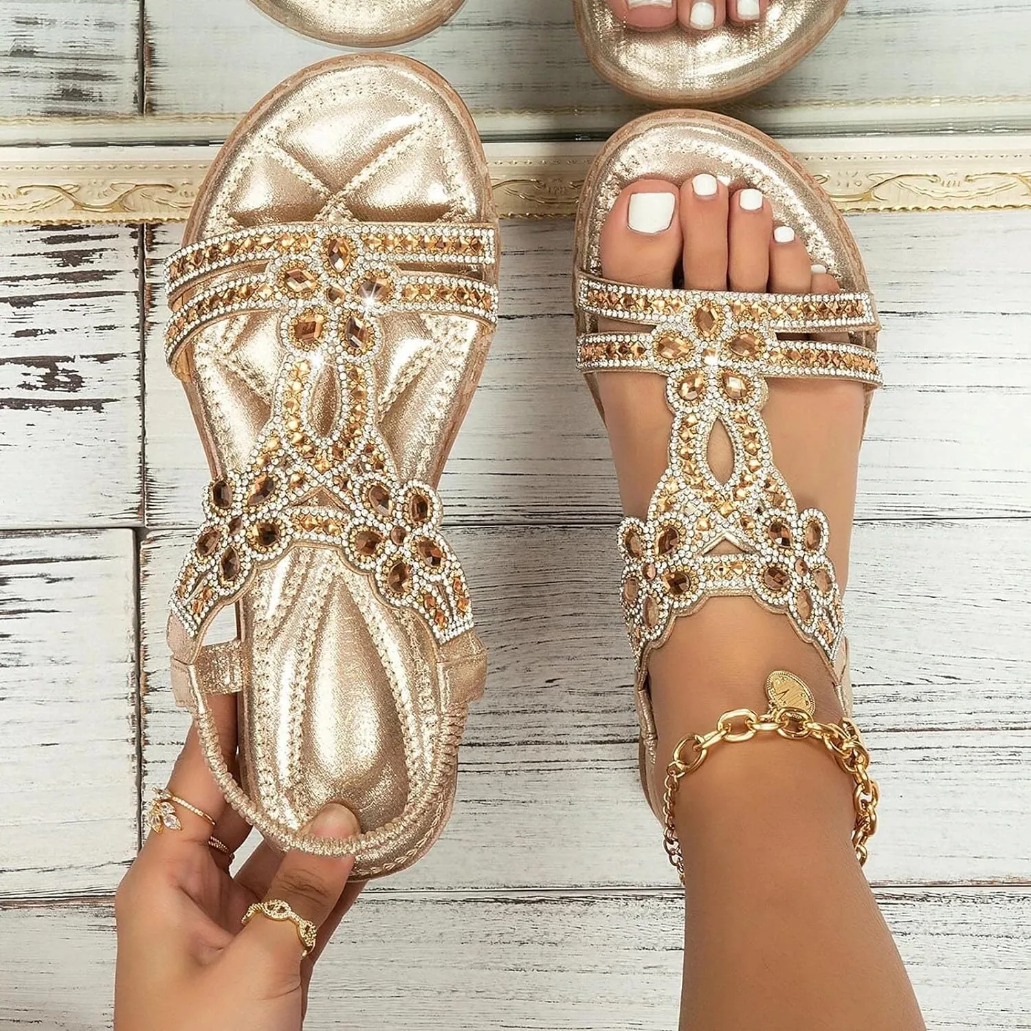 Eduavar Orthopedic Sandals for Women, Womens Sandals Comfortable Cute Bohemia Sandals Summer Beach Crystal Peep Toe Sandals