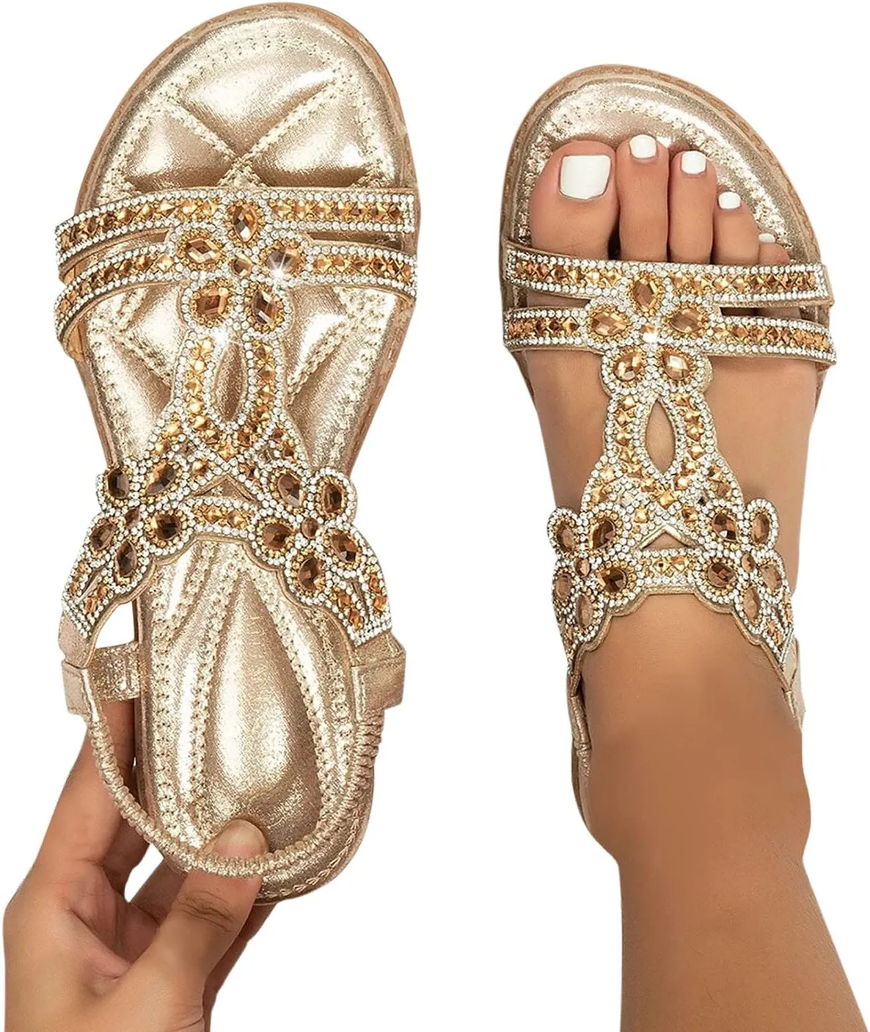 Eduavar Orthopedic Sandals for Women, Womens Sandals Comfortable Cute Bohemia Sandals Summer Beach Crystal Peep Toe Sandals