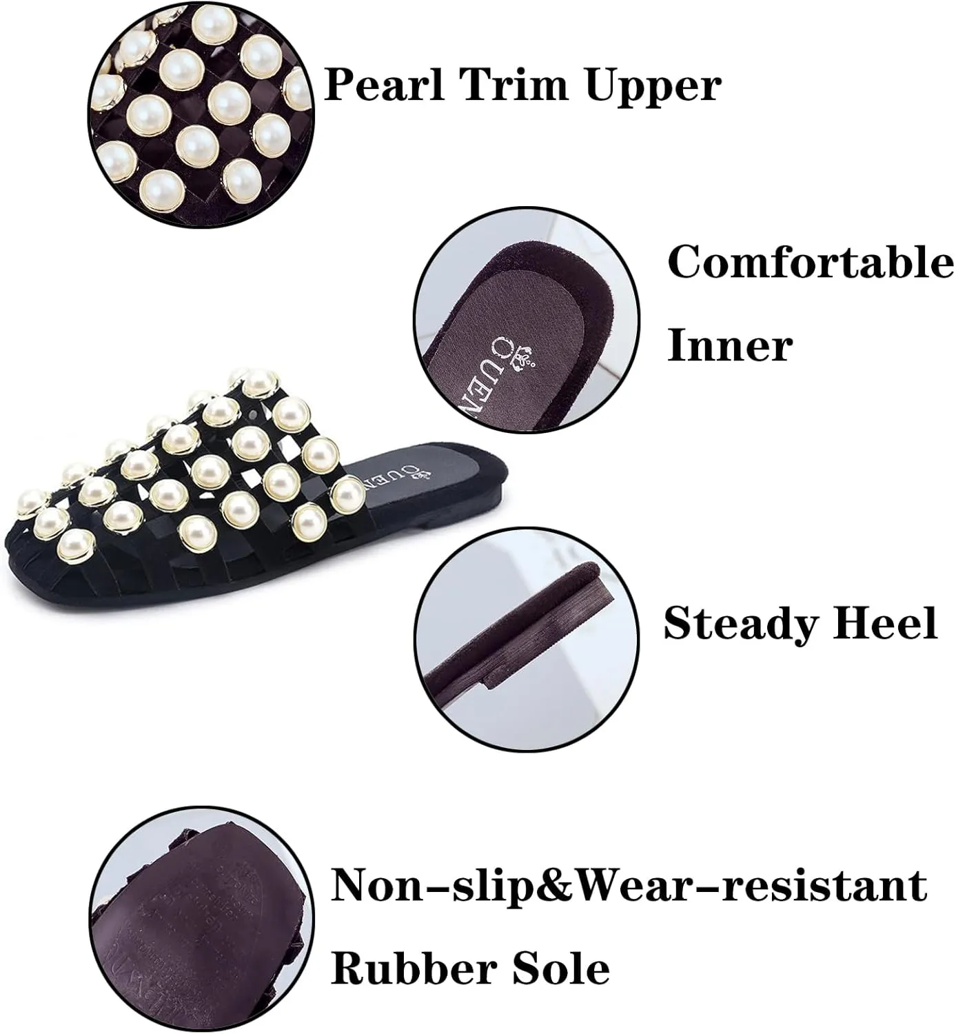 EFTCAL Women's Pearl Square Toe Hollow Mules,Closed Toe Lightweight Comfortable Slip On Flat Sandals,Summer Casual Fashion Non-Slip Beach Sandals