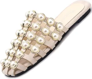 EFTCAL Women's Pearl Square Toe Hollow Mules,Closed Toe Lightweight Comfortable Slip On Flat Sandals,Summer Casual Fashion Non-Slip Beach Sandals