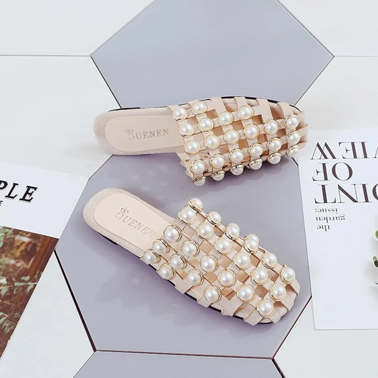 EFTCAL Women's Pearl Square Toe Hollow Mules,Closed Toe Lightweight Comfortable Slip On Flat Sandals,Summer Casual Fashion Non-Slip Beach Sandals