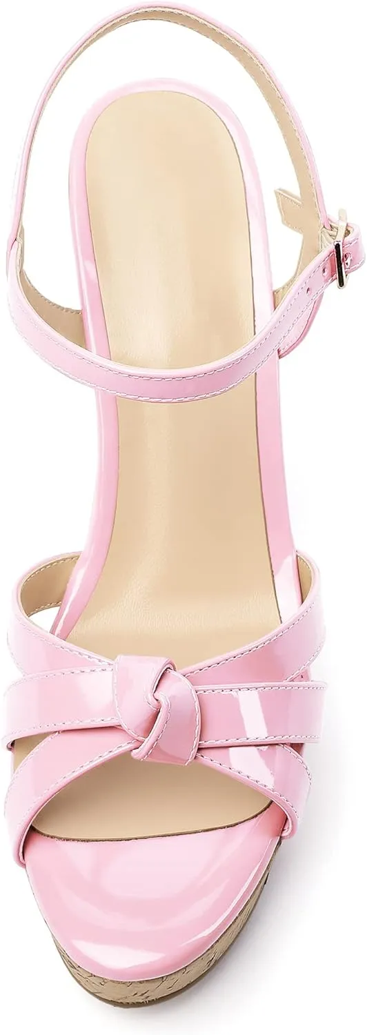 Eldof Women's High Heel Wedge Sandals Open Toe Ankle Strap Wooden Platform Wedge Heels Summer Sandals for Dress Party Evening 4 Inch
