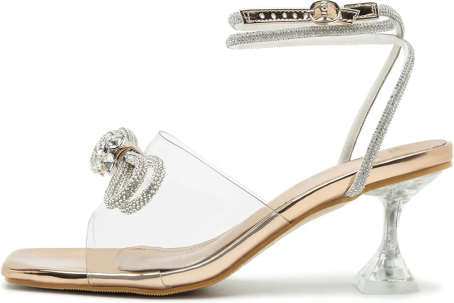 Enelauge Women's Double Bowknot Crystal Sandals Clear Slingback Low Heels Lace Up Square Toe Rhinstone Wedding Party Shoes 6cm