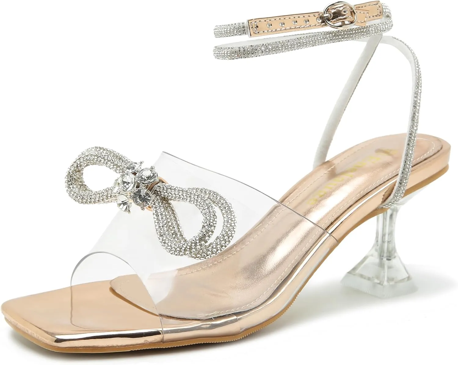Enelauge Women's Double Bowknot Crystal Sandals Clear Slingback Low Heels Lace Up Square Toe Rhinstone Wedding Party Shoes 6cm