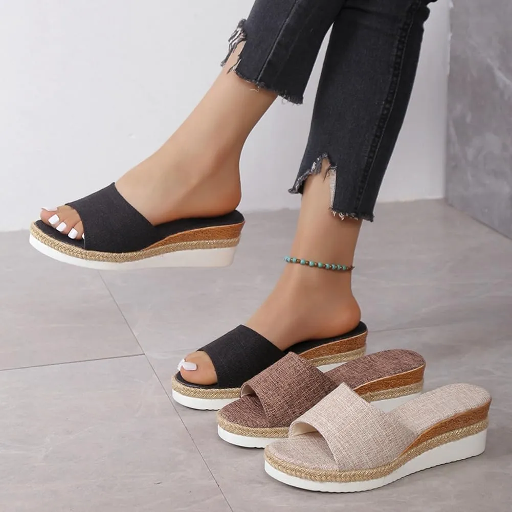 Epsion Women's Wedge Sandals Summer Beach Plaid Slide Platform Open Toe Casual Dressy Shoes Large Size Outdoor Slipper