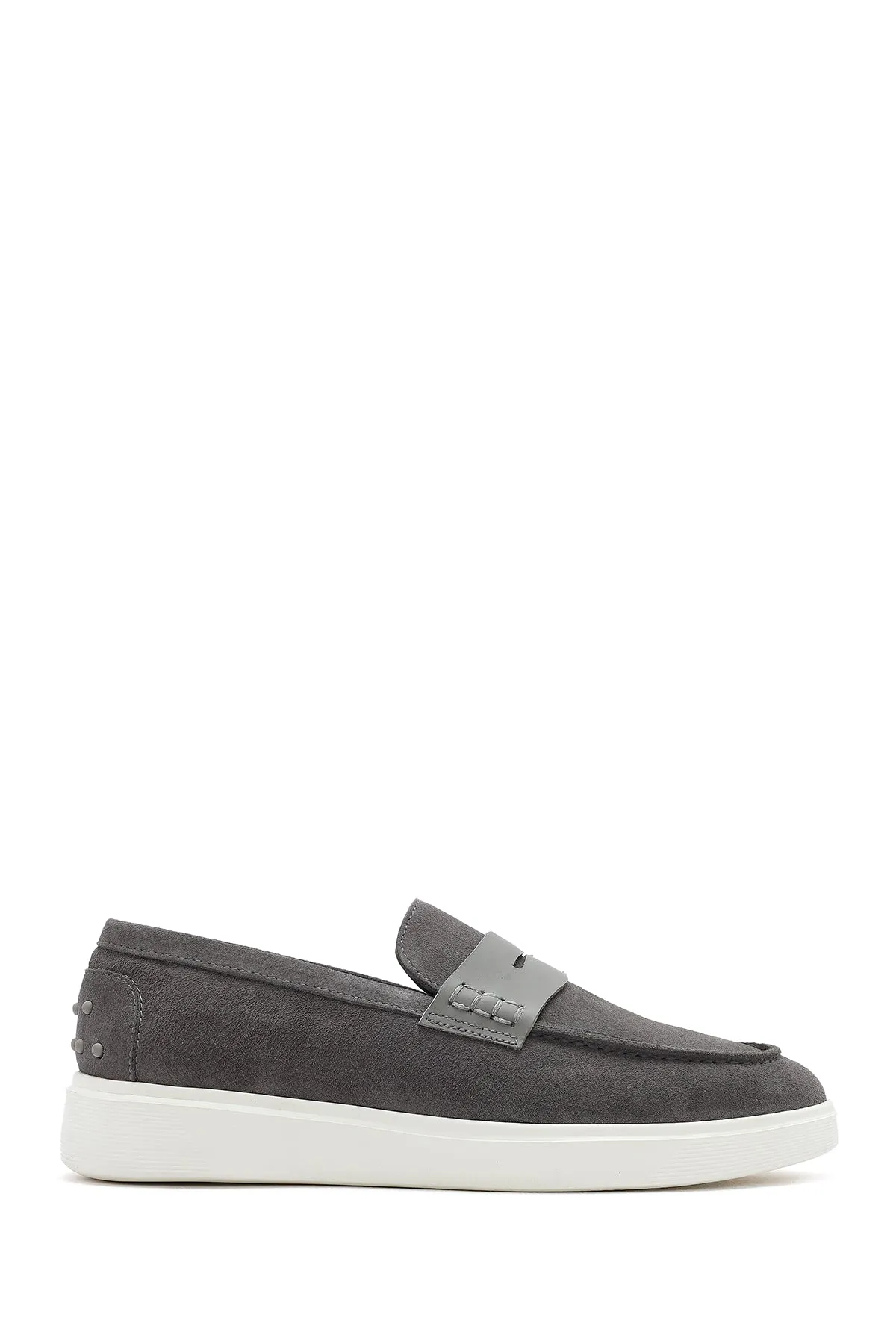 Erkek Gri Kalın Tabanlı Süet Deri Casual Loafer
