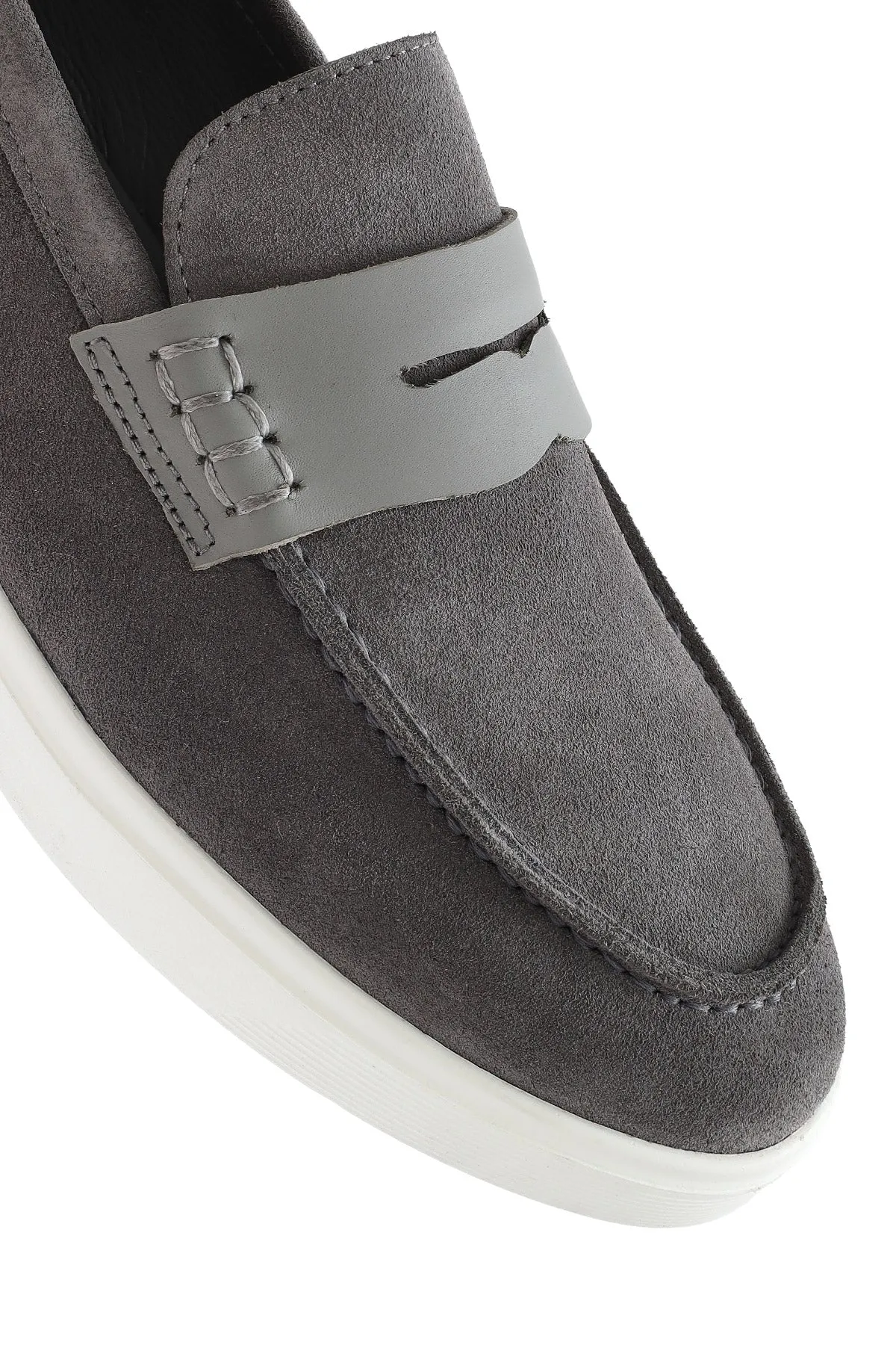 Erkek Gri Kalın Tabanlı Süet Deri Casual Loafer