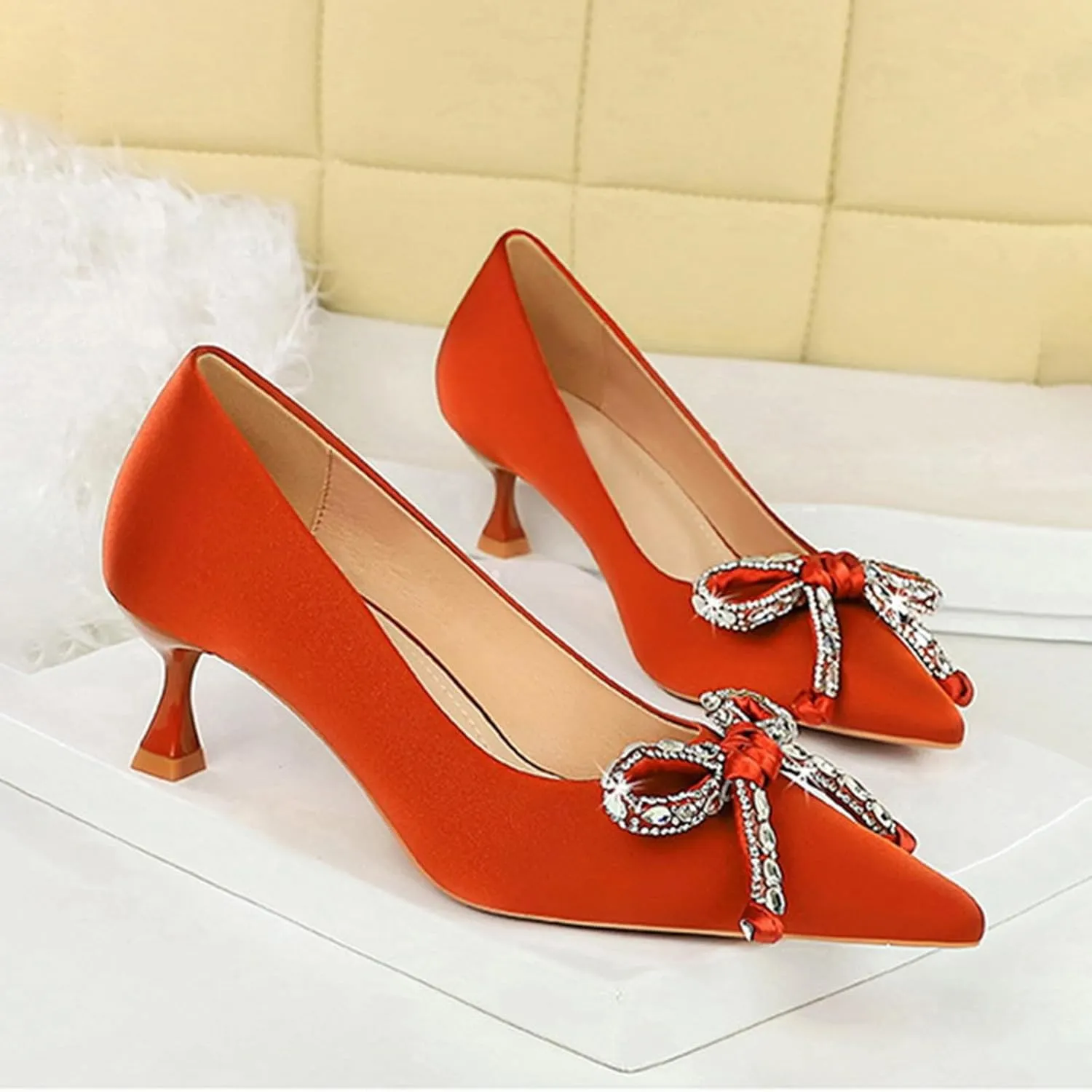 European and American Style Light Bowknot Pointed Stiletto Medium Heel Satin Single Shoes Wine Glass Women's Vintage Boots