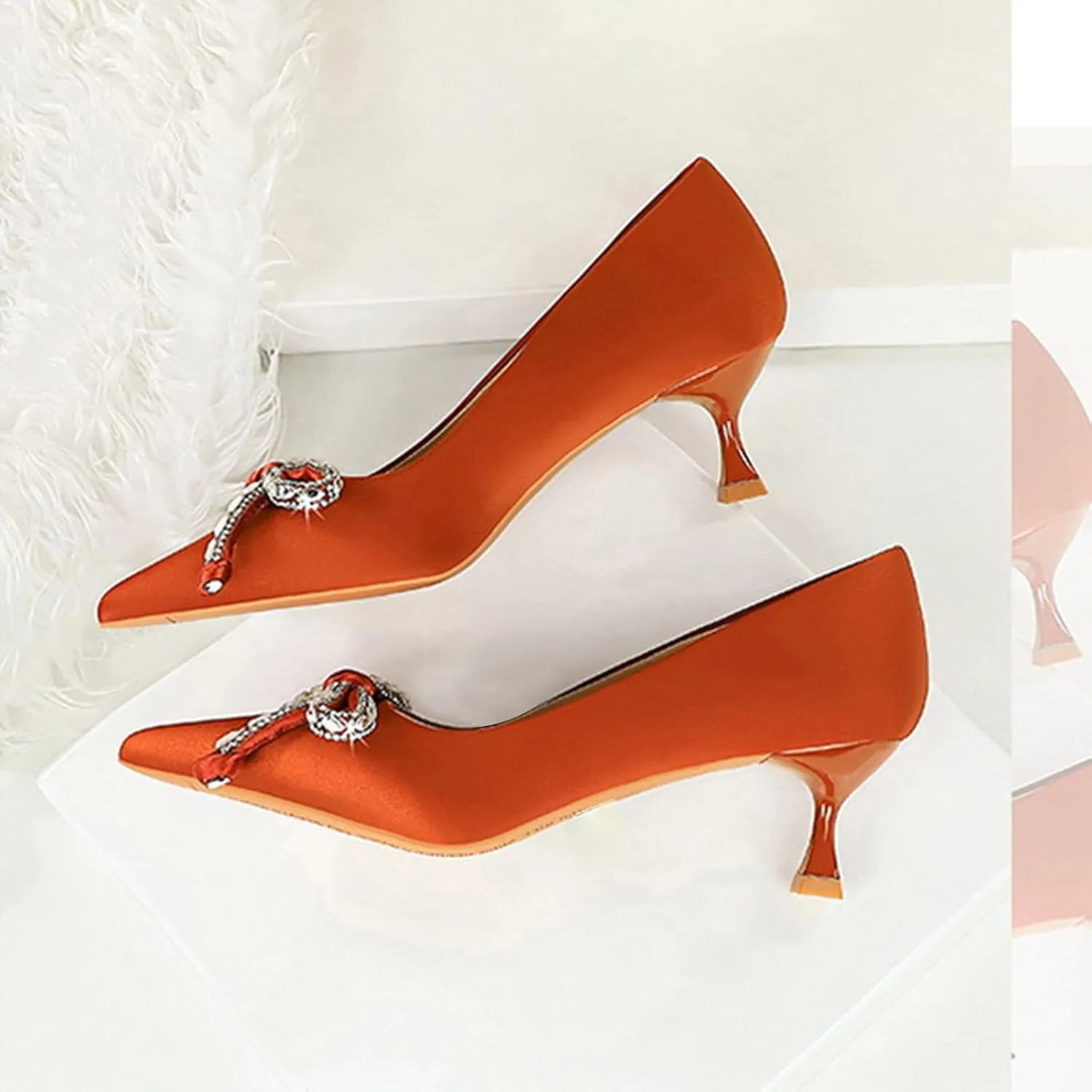 European and American Style Light Bowknot Pointed Stiletto Medium Heel Satin Single Shoes Wine Glass Women's Vintage Boots