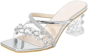 Fantoesay Clear Crystal Rhinestones Strap Slip On Sandals