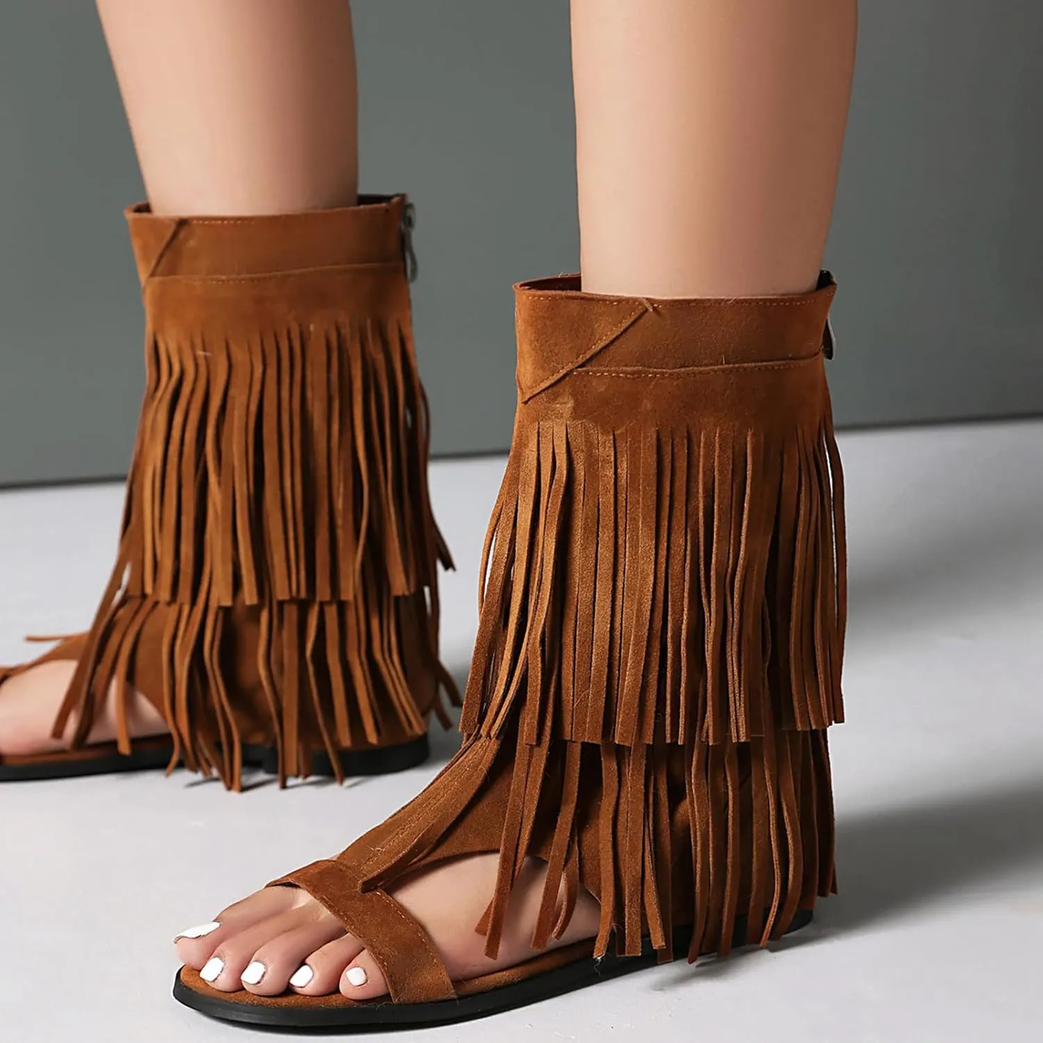 Fashion Faux Suede Tassel Roman Summer Boots for Women Round Open Toe Bohemia Fringe Booties