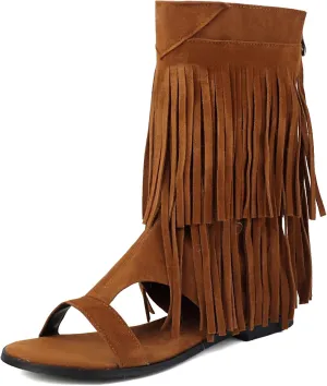 Fashion Faux Suede Tassel Roman Summer Boots for Women Round Open Toe Bohemia Fringe Booties