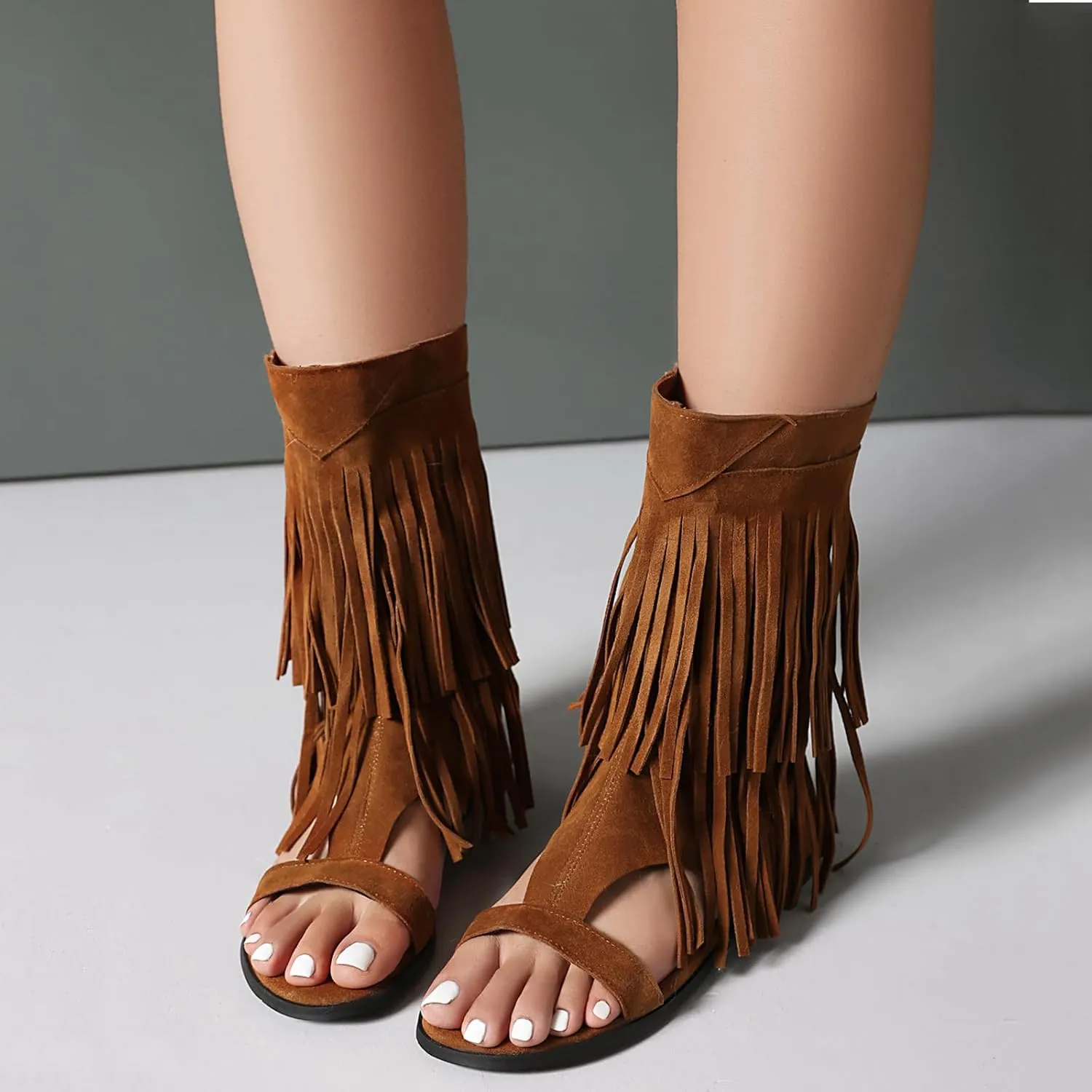 Fashion Faux Suede Tassel Roman Summer Boots for Women Round Open Toe Bohemia Fringe Booties