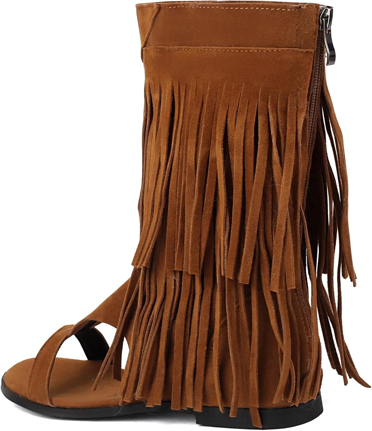 Fashion Faux Suede Tassel Roman Summer Boots for Women Round Open Toe Bohemia Fringe Booties