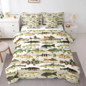 Feelyou Bass Fish 7 Pieces Comforter Set with Sheets Queen Size Fishing and Hunting Bedding Set for Kids Boys Girls Beige Wood Plank Bed in a Bag, Microfiber