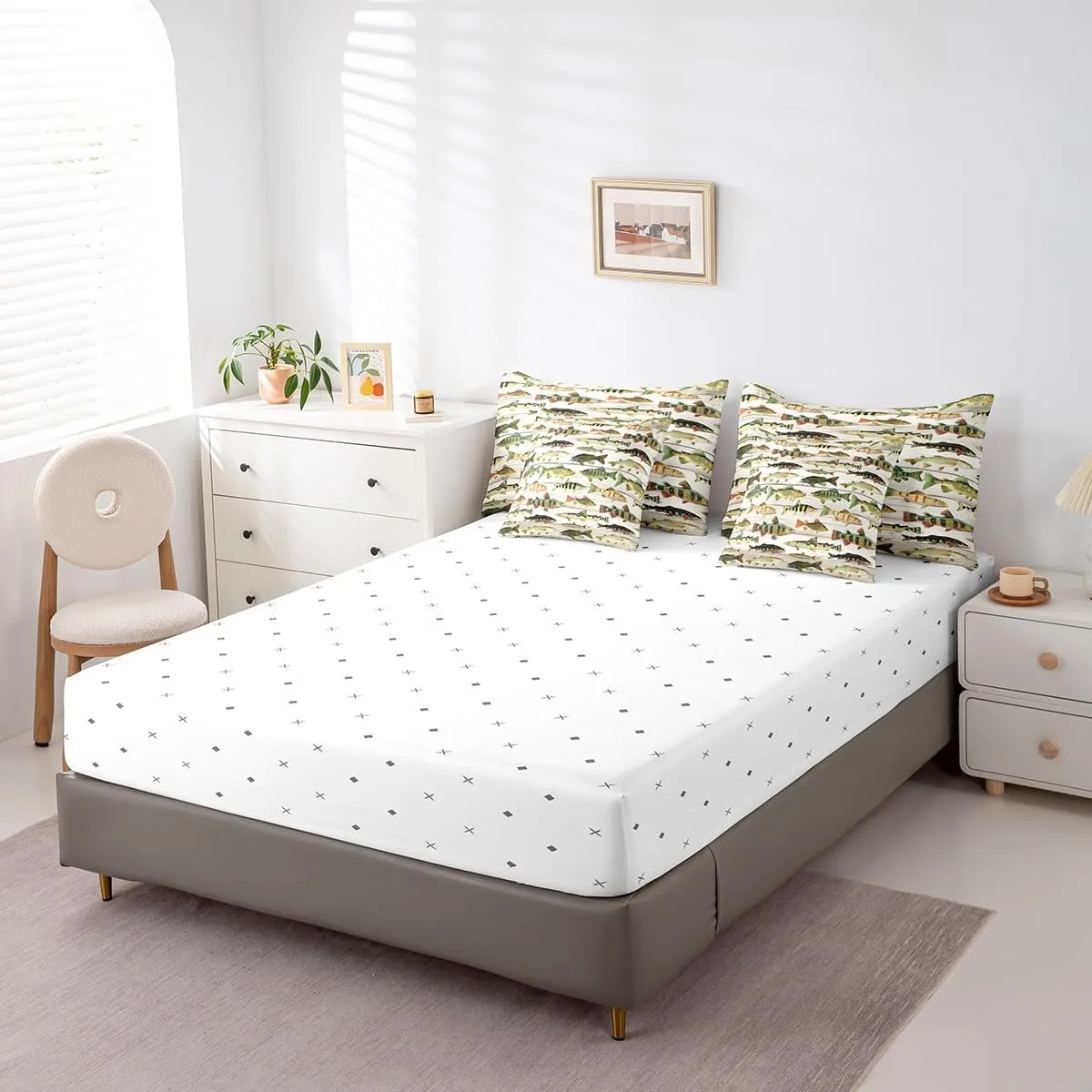 Feelyou Bass Fish 7 Pieces Comforter Set with Sheets Queen Size Fishing and Hunting Bedding Set for Kids Boys Girls Beige Wood Plank Bed in a Bag, Microfiber
