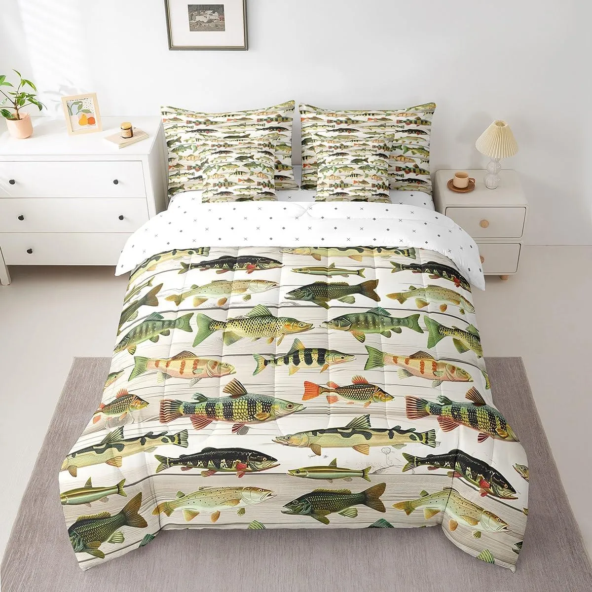 Feelyou Bass Fish 7 Pieces Comforter Set with Sheets Queen Size Fishing and Hunting Bedding Set for Kids Boys Girls Beige Wood Plank Bed in a Bag, Microfiber