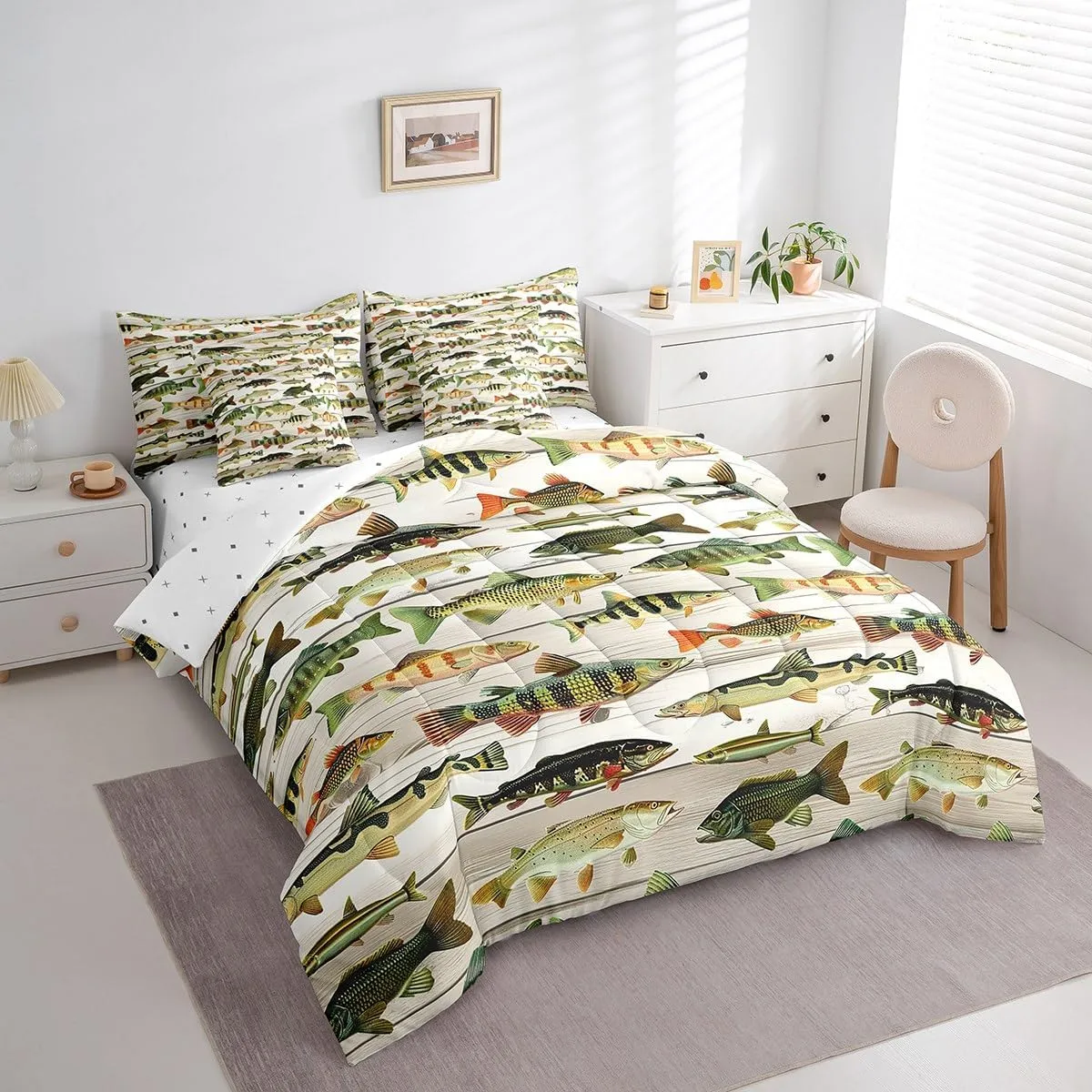 Feelyou Bass Fish 7 Pieces Comforter Set with Sheets Queen Size Fishing and Hunting Bedding Set for Kids Boys Girls Beige Wood Plank Bed in a Bag, Microfiber