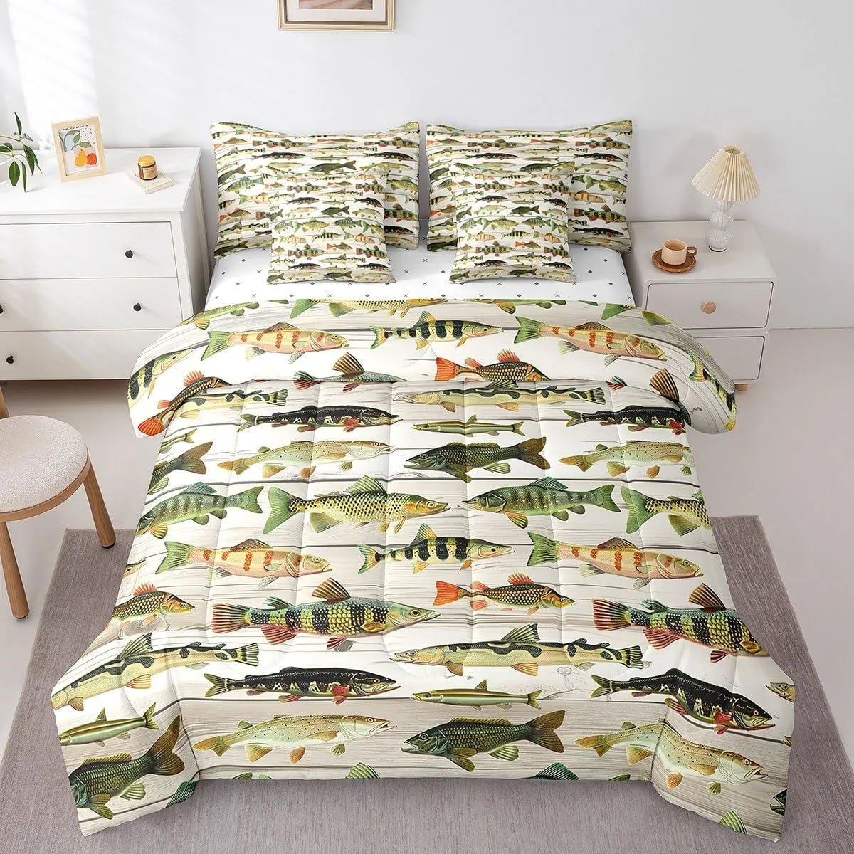 Feelyou Bass Fish 7 Pieces Comforter Set with Sheets Queen Size Fishing and Hunting Bedding Set for Kids Boys Girls Beige Wood Plank Bed in a Bag, Microfiber