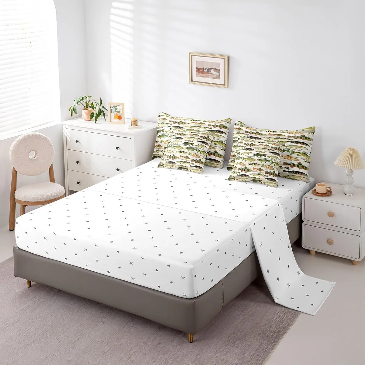 Feelyou Bass Fish 7 Pieces Comforter Set with Sheets Queen Size Fishing and Hunting Bedding Set for Kids Boys Girls Beige Wood Plank Bed in a Bag, Microfiber