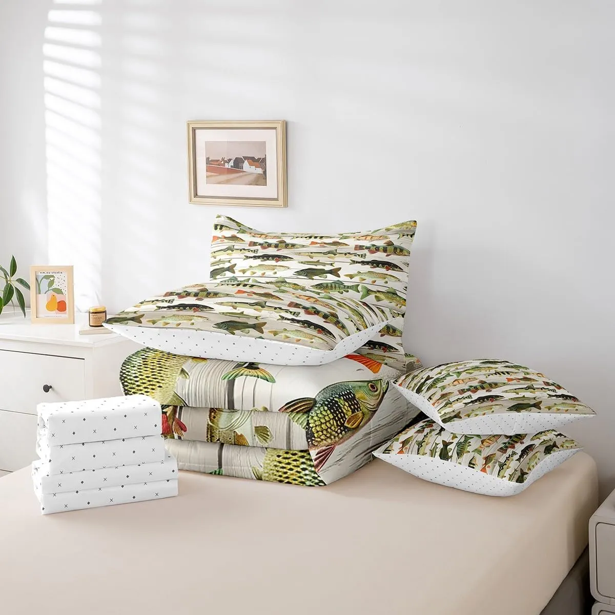 Feelyou Bass Fish 7 Pieces Comforter Set with Sheets Queen Size Fishing and Hunting Bedding Set for Kids Boys Girls Beige Wood Plank Bed in a Bag, Microfiber