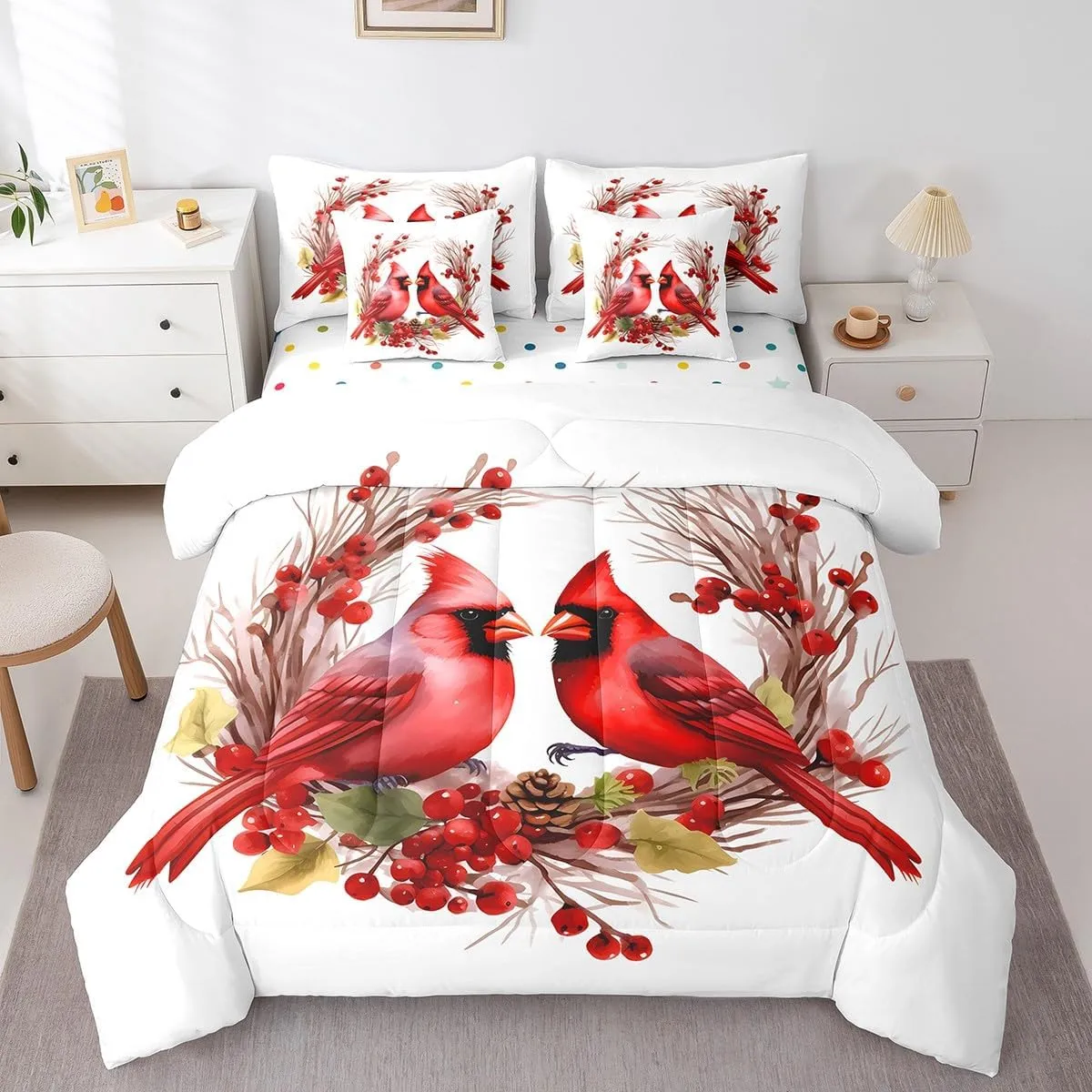 Feelyou Red Cardinals Bedding Set 7 Pieces Twin Size Kids Pine Cones Comforter Set for Boys Girls Teens Cute Birds Bed Set Romantic Love Bed in a Bag, Comforter Sheets Pillowcases Cushion Cover