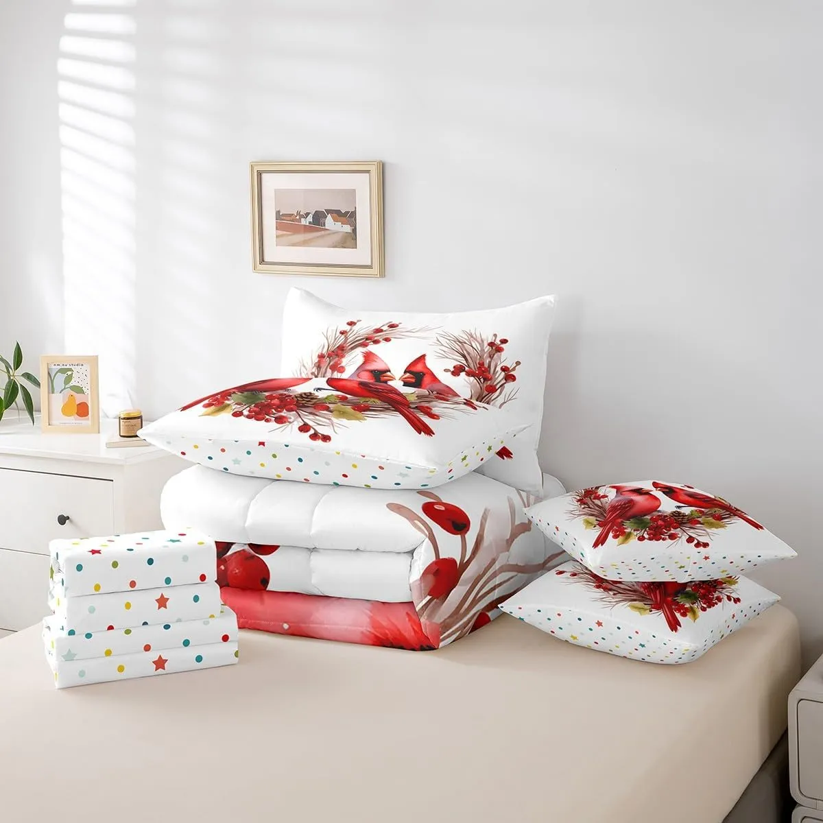 Feelyou Red Cardinals Bedding Set 7 Pieces Twin Size Kids Pine Cones Comforter Set for Boys Girls Teens Cute Birds Bed Set Romantic Love Bed in a Bag, Comforter Sheets Pillowcases Cushion Cover
