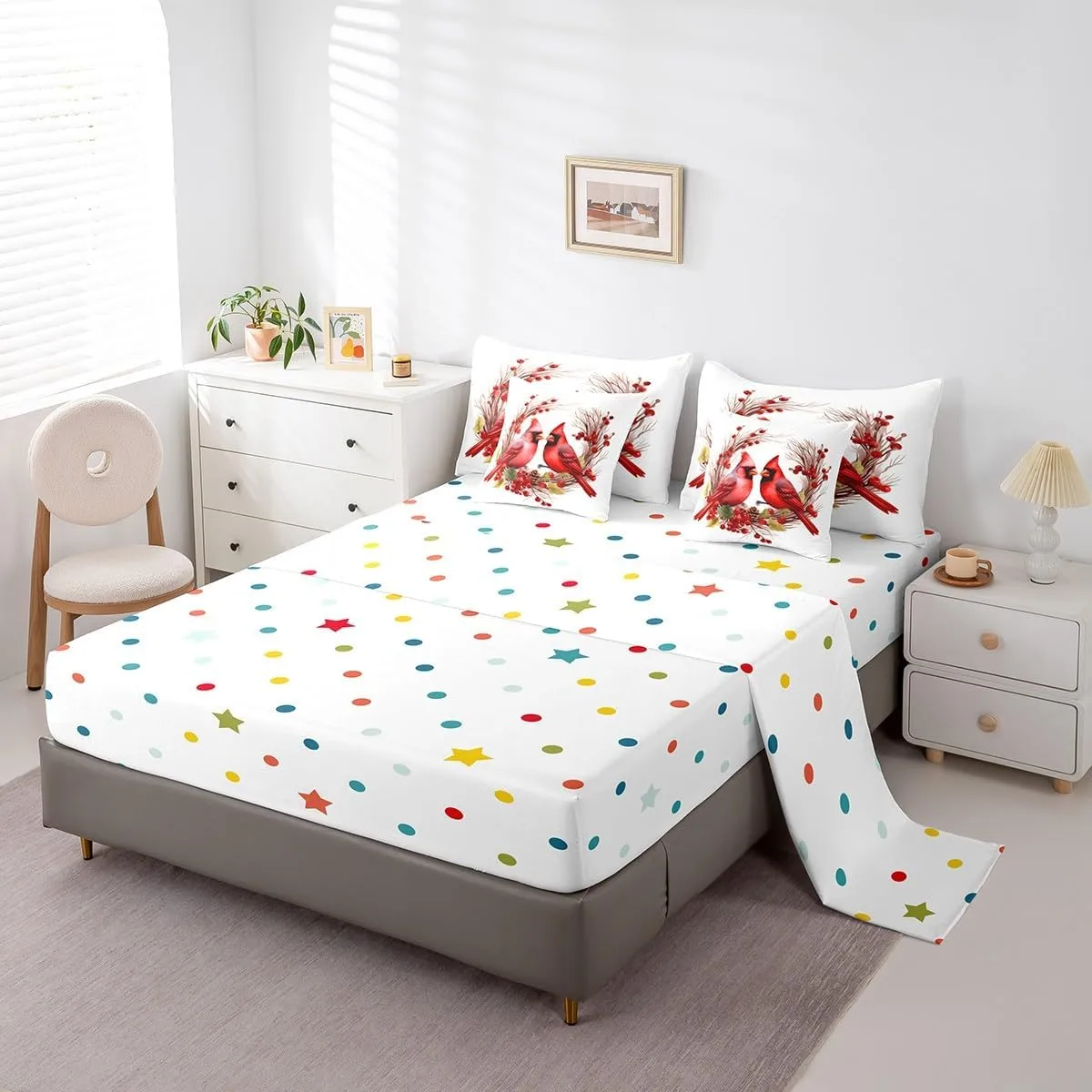 Feelyou Red Cardinals Bedding Set 7 Pieces Twin Size Kids Pine Cones Comforter Set for Boys Girls Teens Cute Birds Bed Set Romantic Love Bed in a Bag, Comforter Sheets Pillowcases Cushion Cover