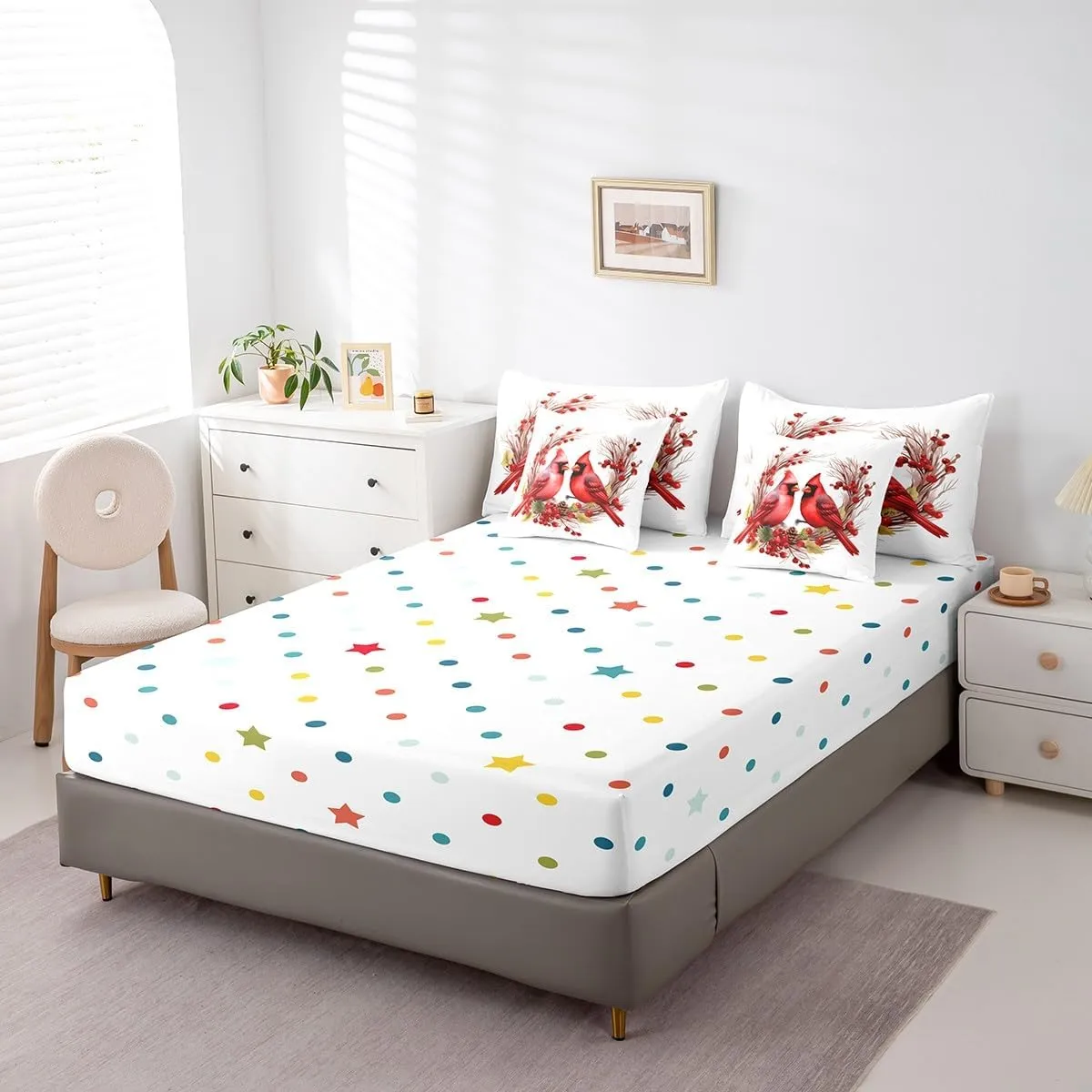 Feelyou Red Cardinals Bedding Set 7 Pieces Twin Size Kids Pine Cones Comforter Set for Boys Girls Teens Cute Birds Bed Set Romantic Love Bed in a Bag, Comforter Sheets Pillowcases Cushion Cover