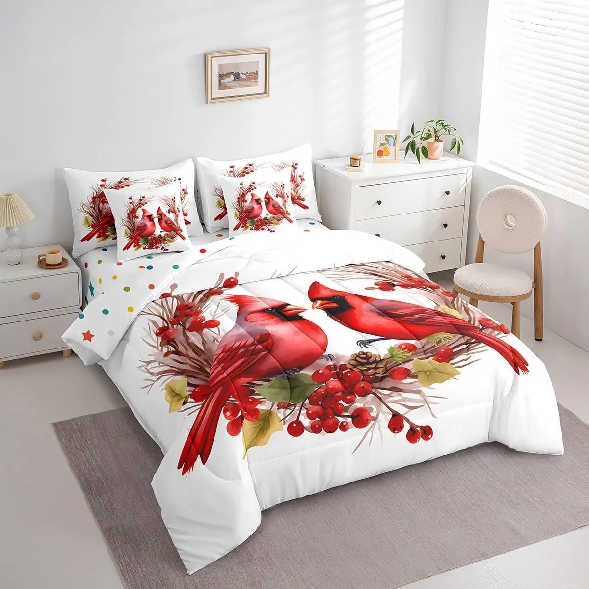 Feelyou Red Cardinals Bedding Set 7 Pieces Twin Size Kids Pine Cones Comforter Set for Boys Girls Teens Cute Birds Bed Set Romantic Love Bed in a Bag, Comforter Sheets Pillowcases Cushion Cover