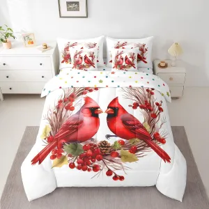 Feelyou Red Cardinals Bedding Set 7 Pieces Twin Size Kids Pine Cones Comforter Set for Boys Girls Teens Cute Birds Bed Set Romantic Love Bed in a Bag, Comforter Sheets Pillowcases Cushion Cover