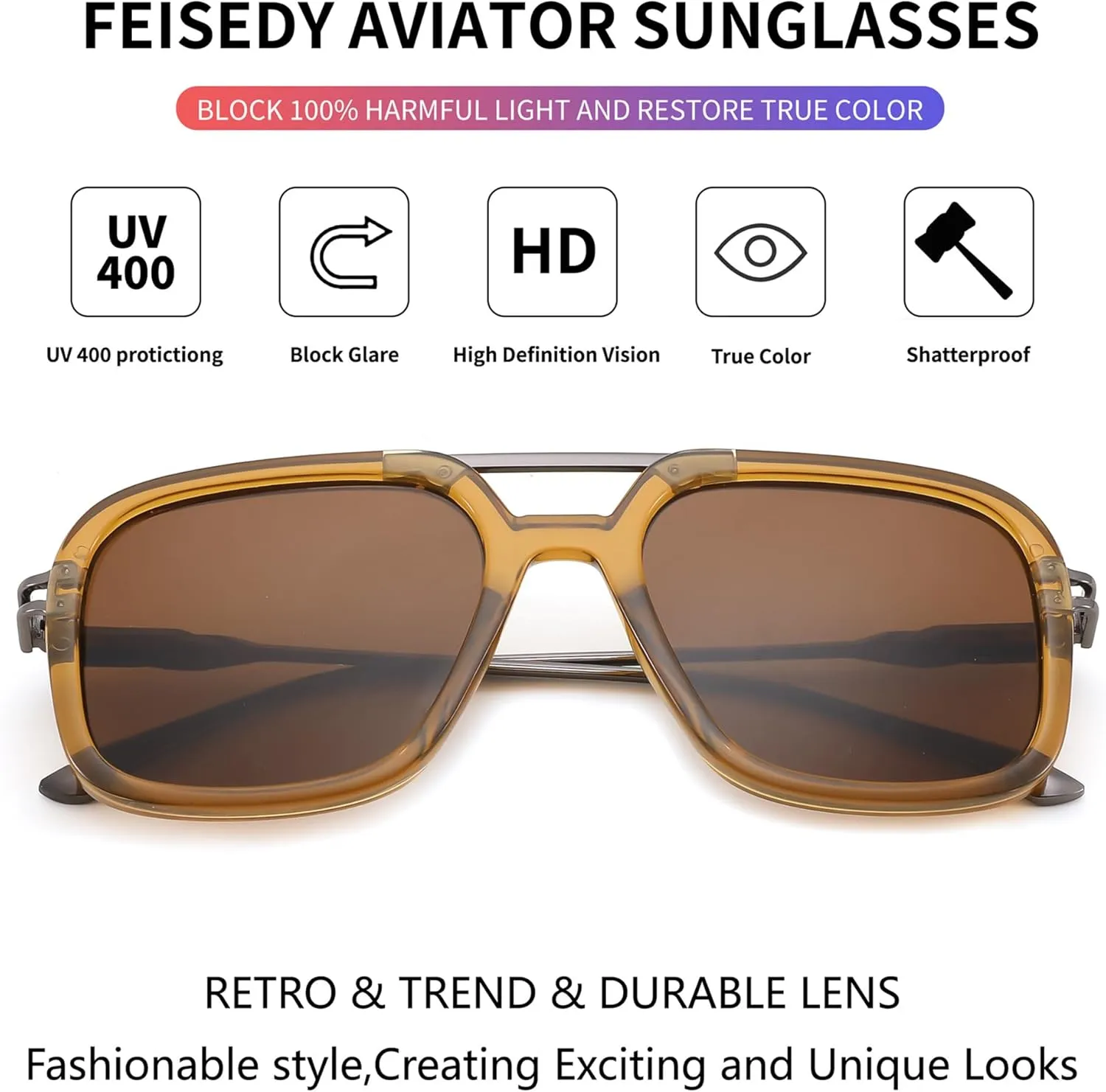 FEISEDY Vintage Square Flat Aviator Sunglasses Women Men 70s Classic Retro Stylish Frame UV400 Sunglasses B0115