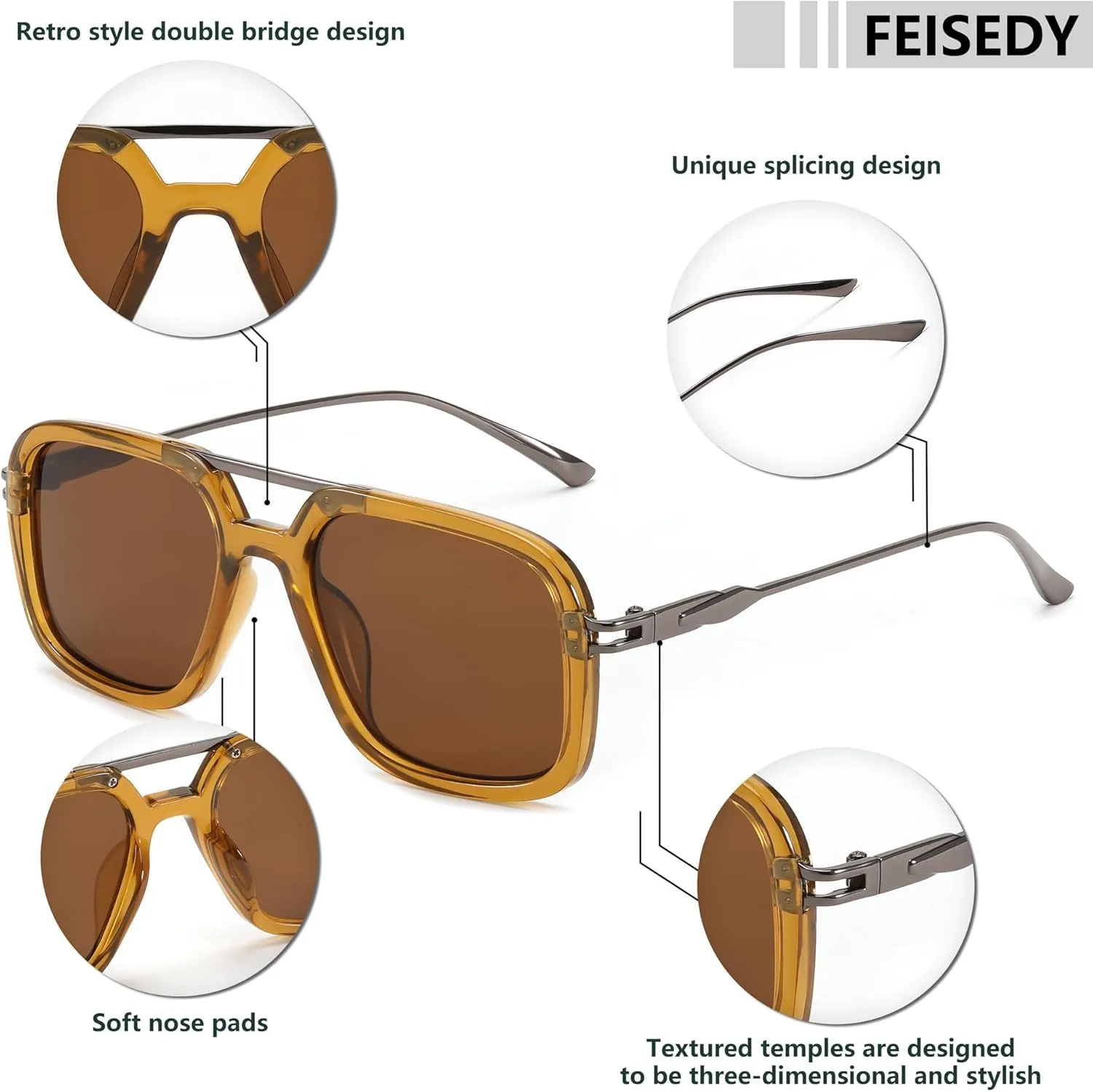 FEISEDY Vintage Square Flat Aviator Sunglasses Women Men 70s Classic Retro Stylish Frame UV400 Sunglasses B0115