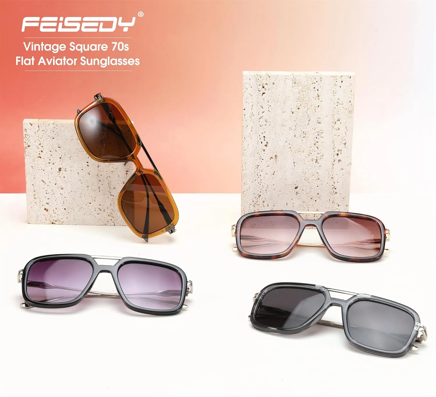 FEISEDY Vintage Square Flat Aviator Sunglasses Women Men 70s Classic Retro Stylish Frame UV400 Sunglasses B0115