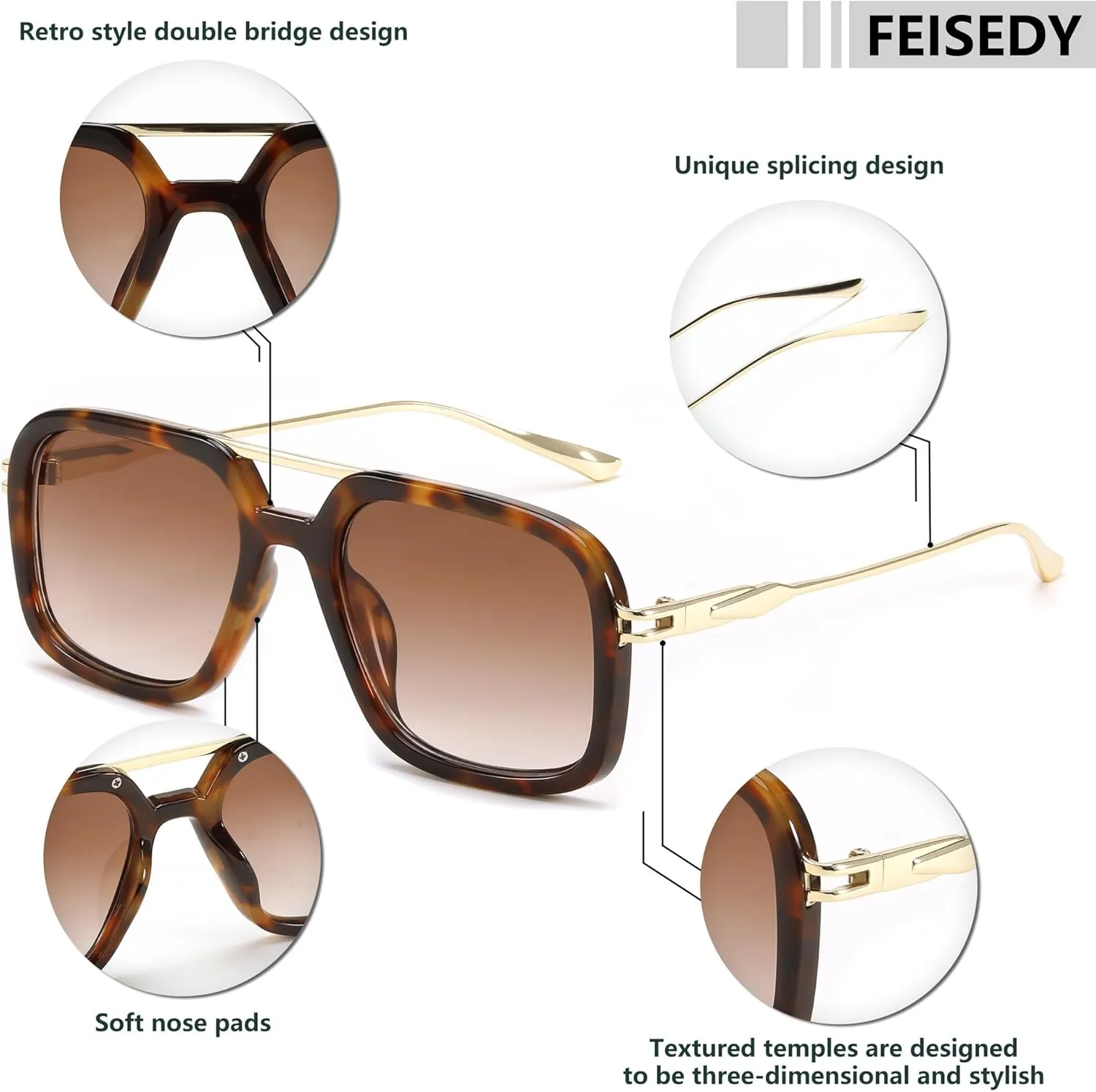 FEISEDY Vintage Square Flat Aviator Sunglasses Women Men 70s Classic Retro Stylish Frame UV400 Sunglasses B0115