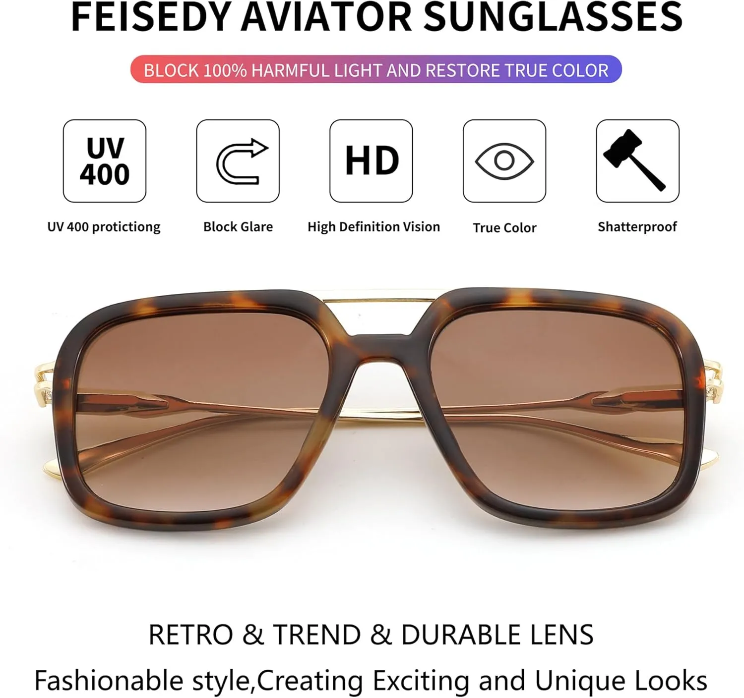 FEISEDY Vintage Square Flat Aviator Sunglasses Women Men 70s Classic Retro Stylish Frame UV400 Sunglasses B0115