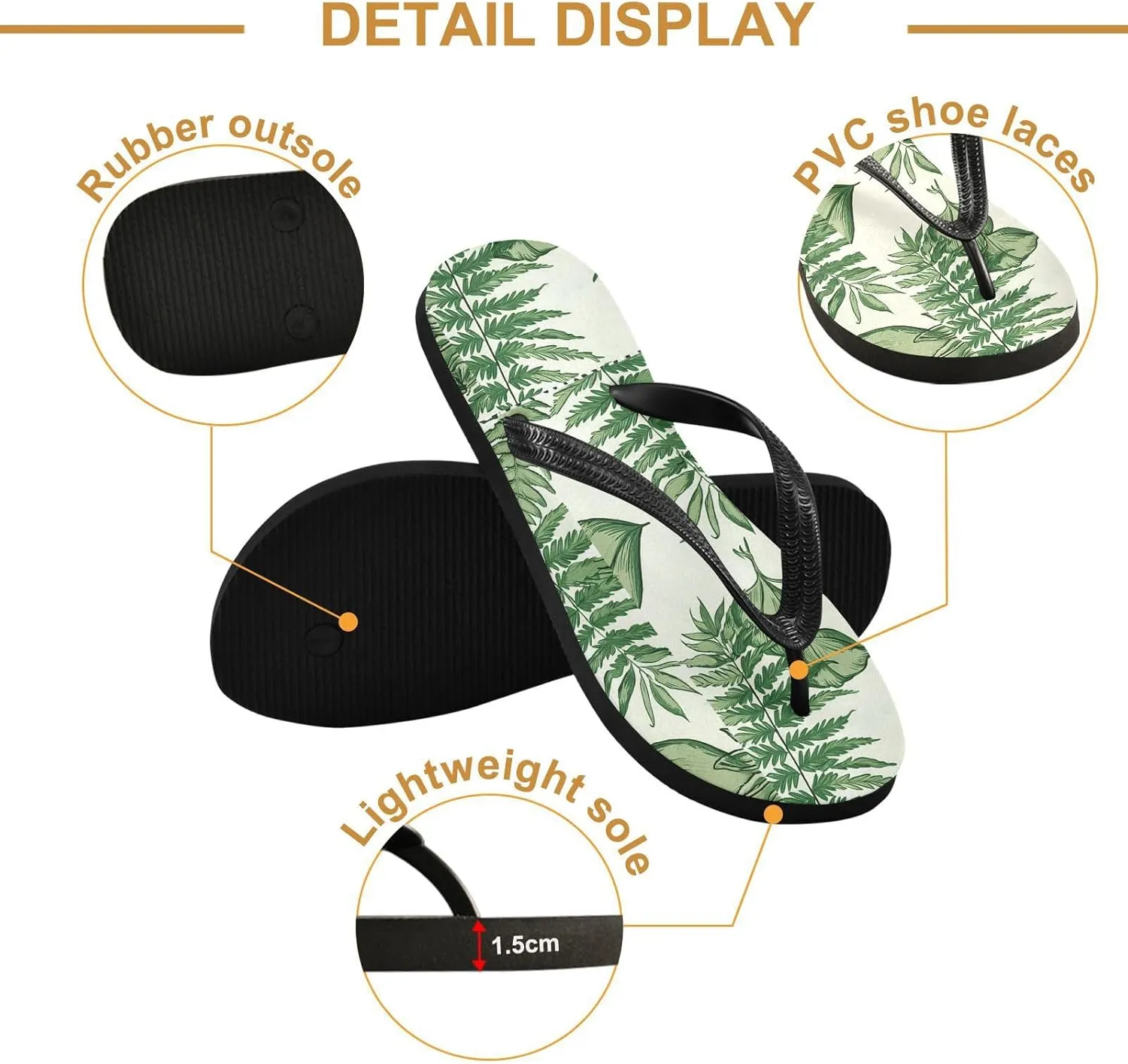Fern Frond Beige Flip Flops Beach Shower Thong Sandals Rubber Non Slip Summer Slippers Shoes for Men Walking