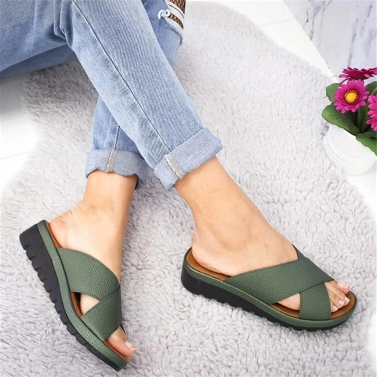 FFMA Summer Bunion Orthopedic Sandals for Womens Big Toe Correction Sandals Low Wedge Slides Backless Sandals Outdor Indoor Comfortable Shoes