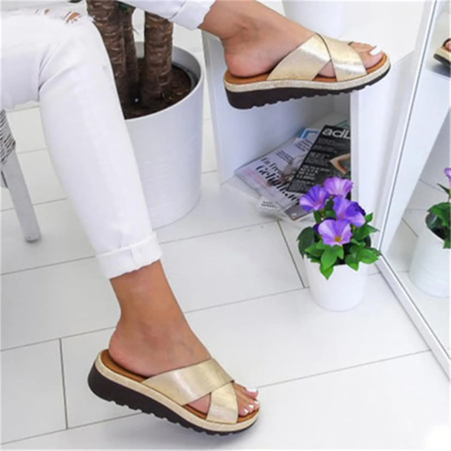 FFMA Summer Bunion Orthopedic Sandals for Womens Big Toe Correction Sandals Low Wedge Slides Backless Sandals Outdor Indoor Comfortable Shoes