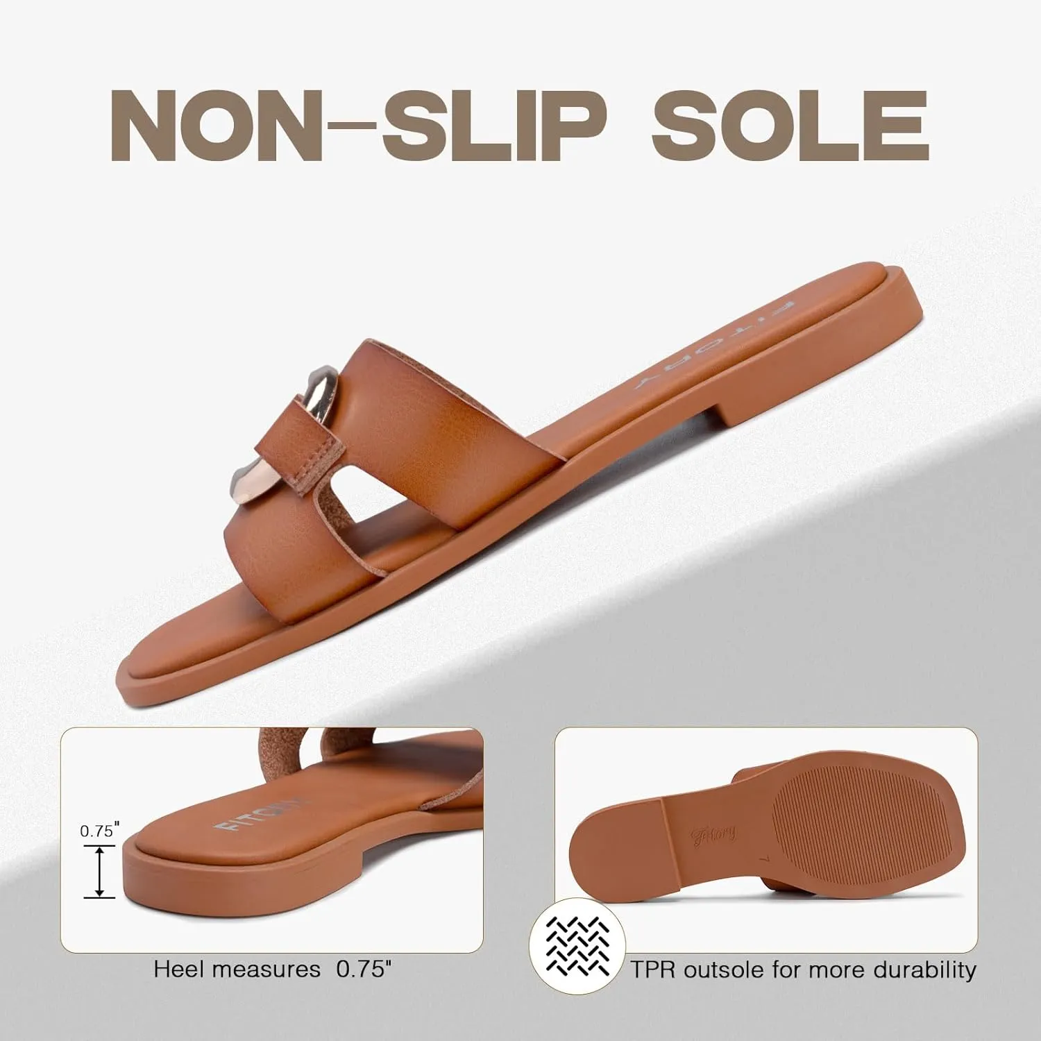 FITORY Women's Flat Sandals Fashion Square Open Toe Slides With Metal Chain Slippers for Summer Size 6-11