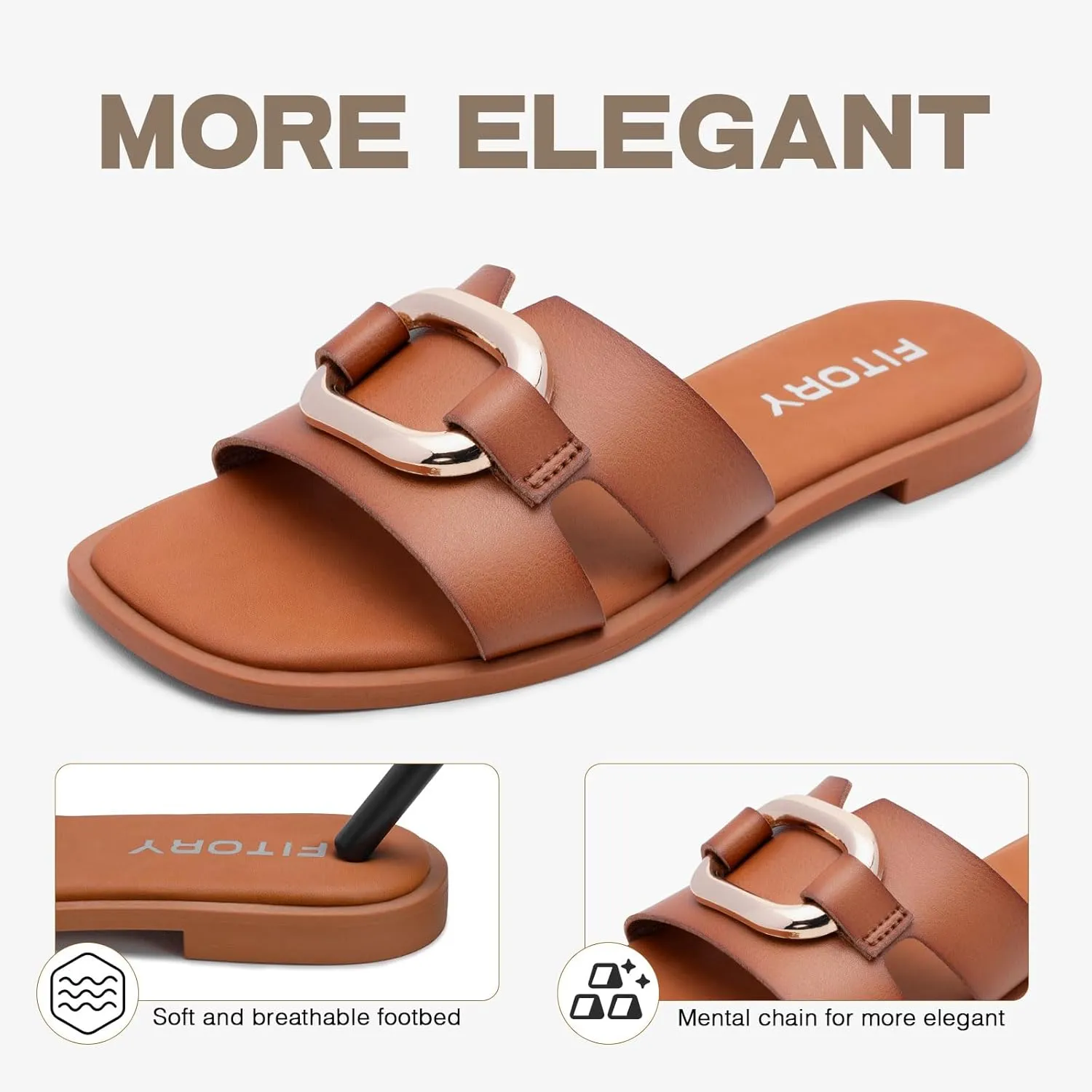FITORY Women's Flat Sandals Fashion Square Open Toe Slides With Metal Chain Slippers for Summer Size 6-11