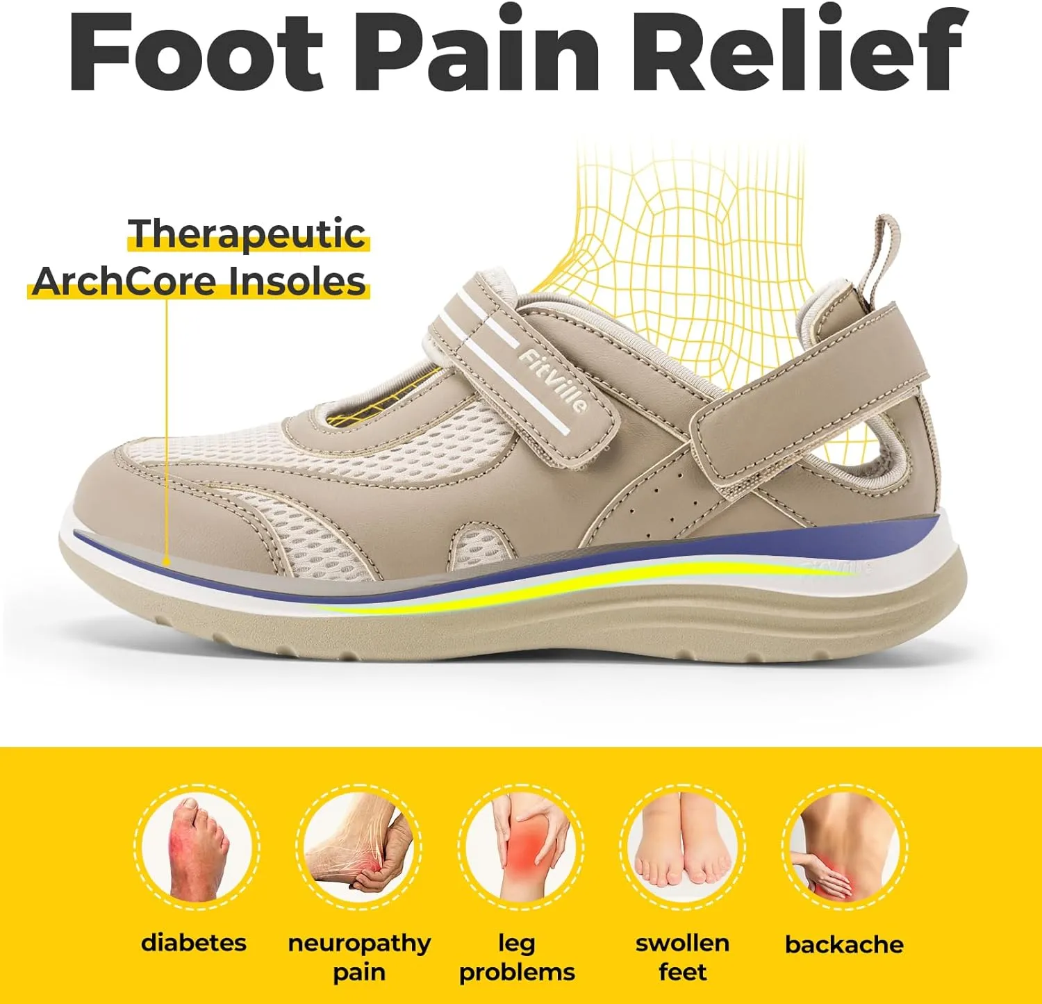 FitVille Diabetic Shoes for Women Extra Wide Width Diabetic Womens Sandals, Walking Shoes with Adjustable Closures Arch Support, Orthopedic Sandals for Flat Feet Heel Pain Relief,Plantar Fasciitis