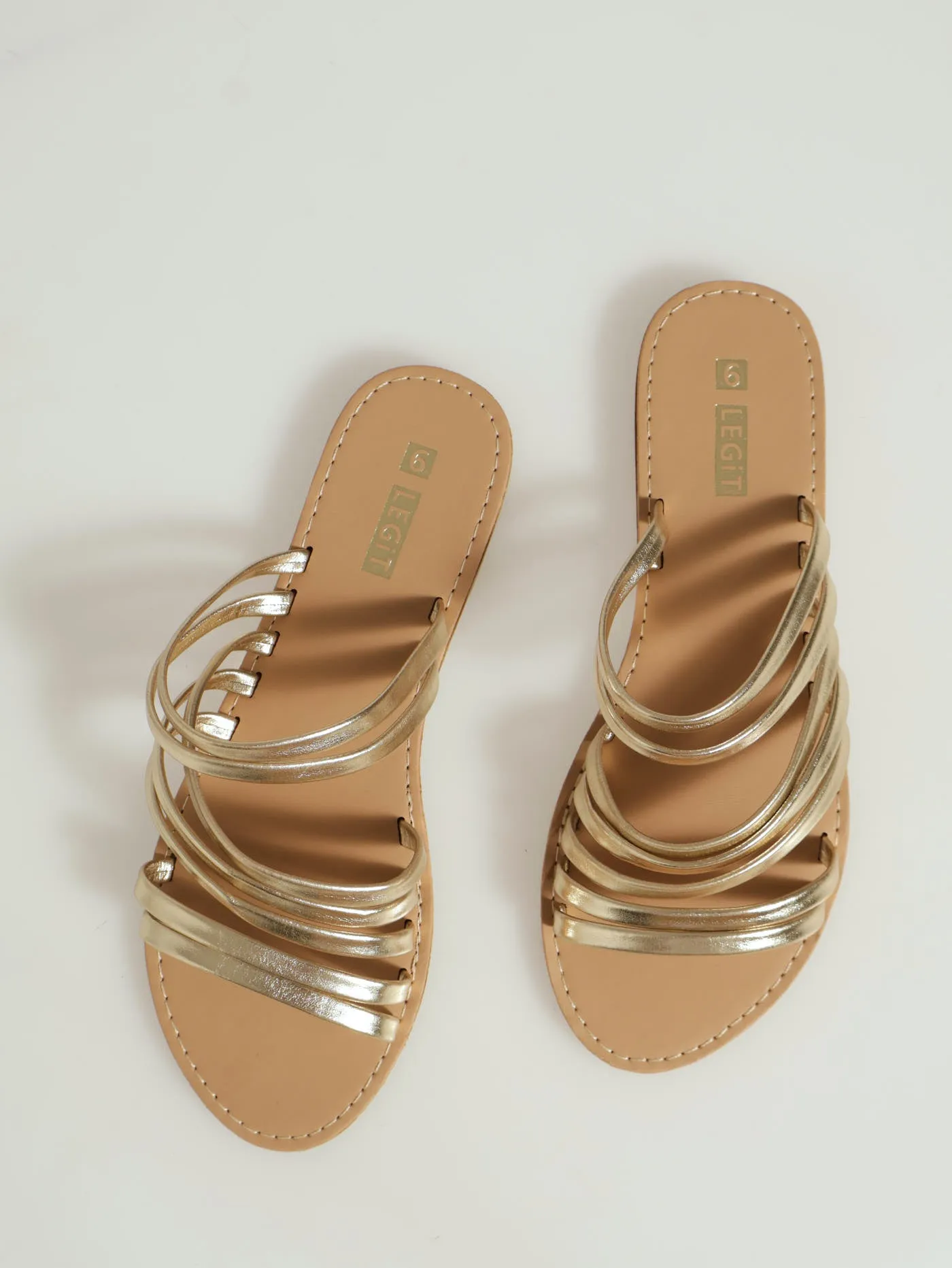 Flat Asymmetrical Multistrap Metallic Mule Sandal - Gold