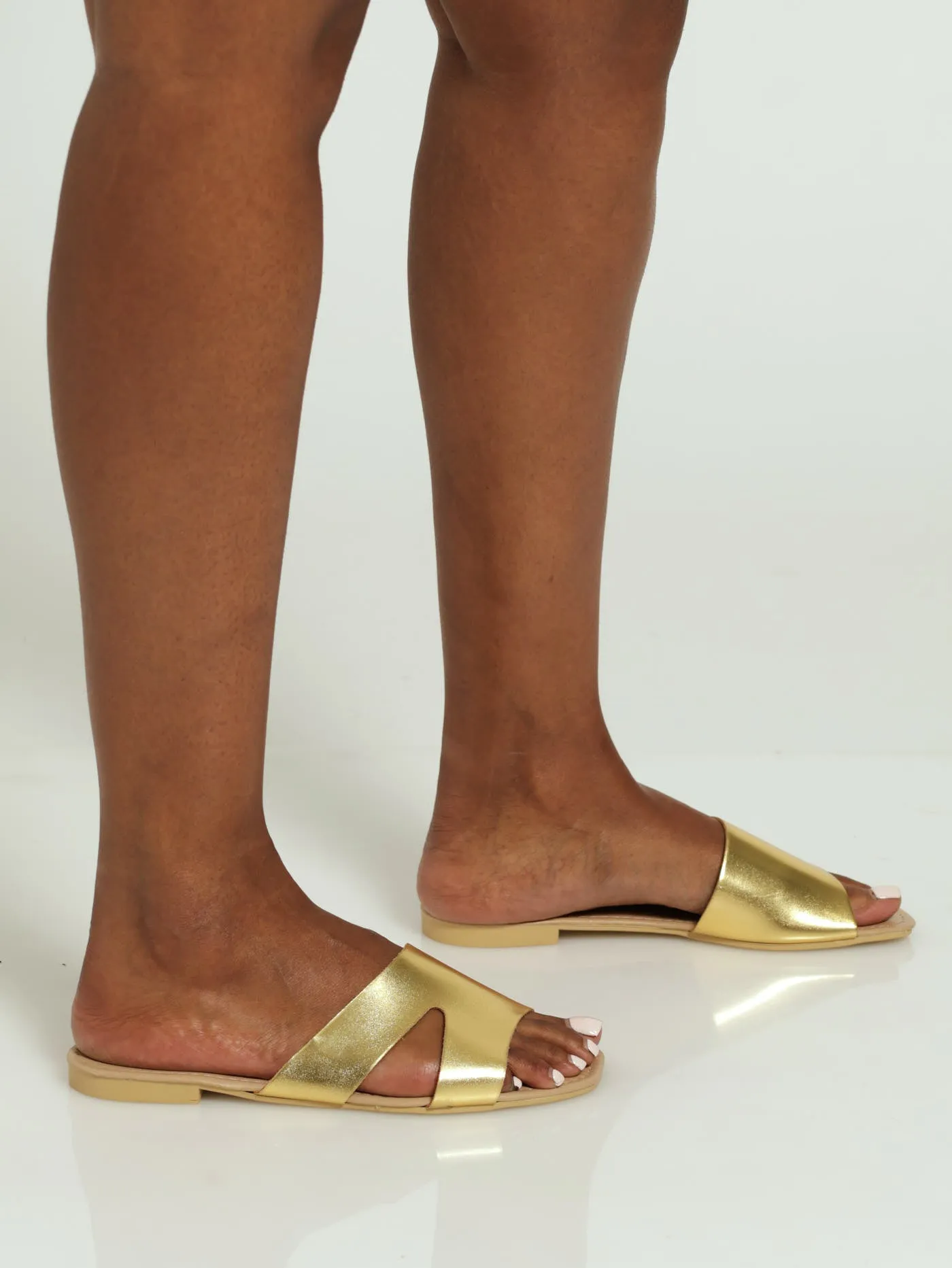 Flat Basic Asymmetrical Mule Sandal With Side Cutout - Gold