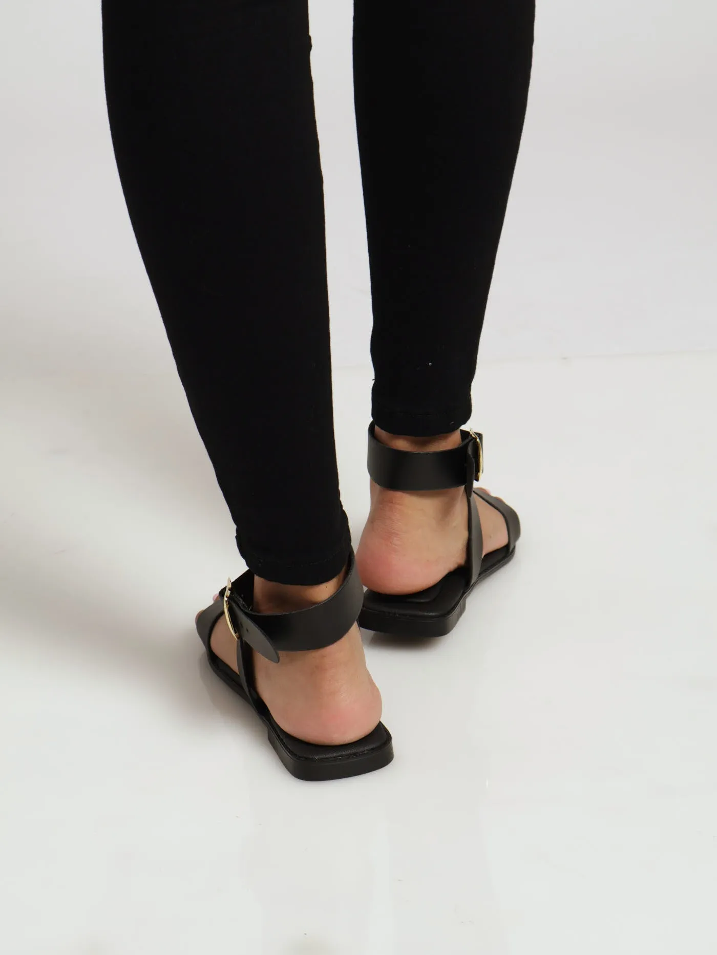 Flat Basic Mule Sandal With Ankle Strap - Black